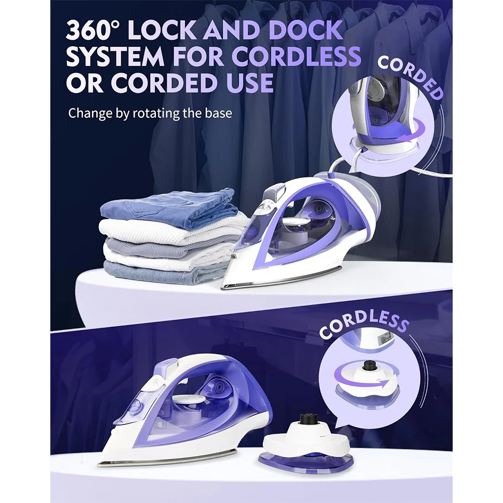 Cordless Iron, 1550W Cordless Iron with Steam for Clothes w/Water Tank, Purple