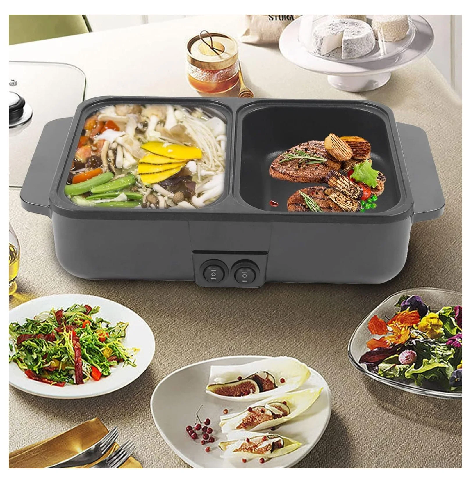 Hot Pot with Grill,2 in 1 Indoor Non-Stick Electric Hot Pot and Frying Pan, Temperature Control,Portable Multifunctional Smokeless Korean BBQ Grill for 1-2 People (Black)