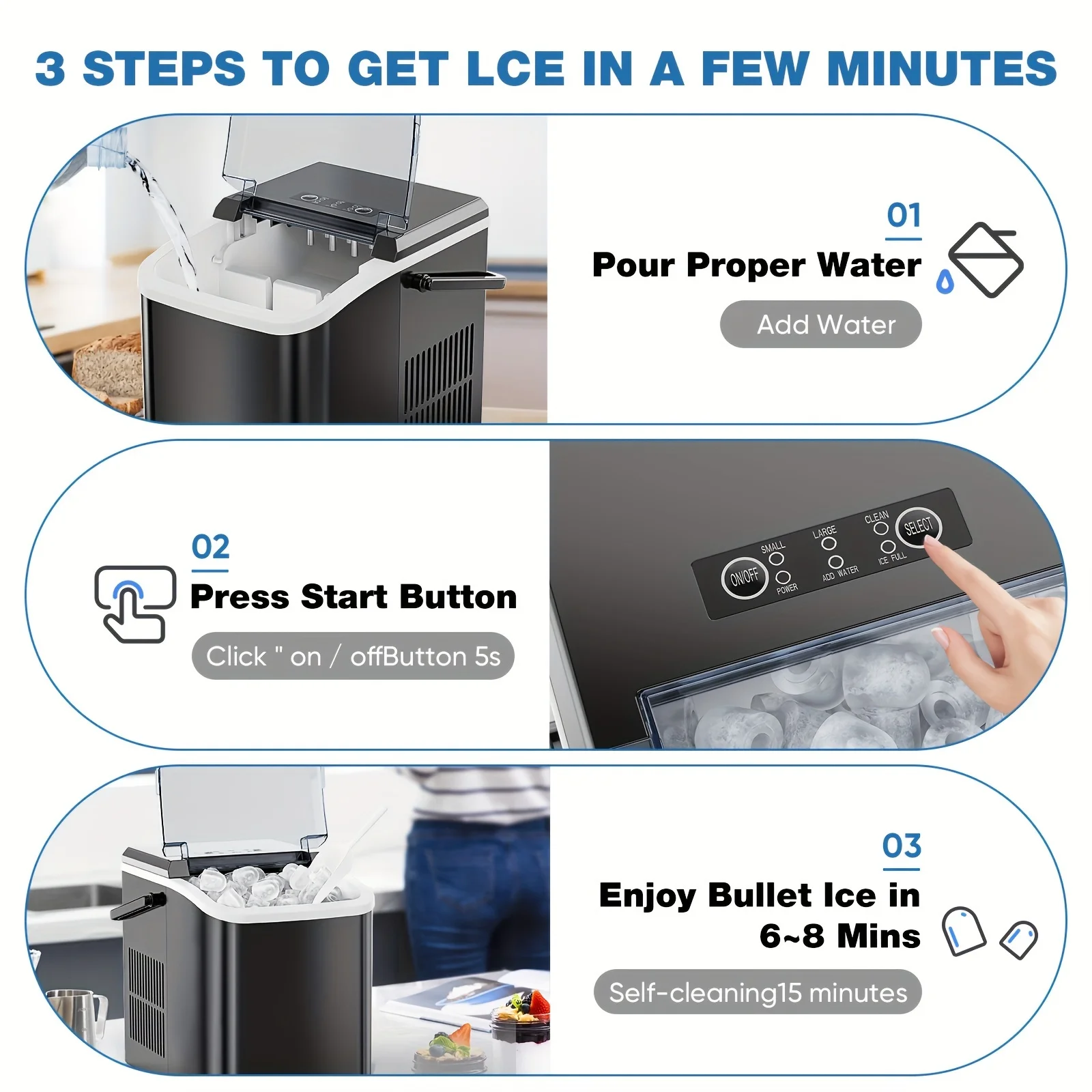 Ice Maker Countertop - Produces 9 Bullet Ice Cubes In 6 Minutes, 26 Pounds Of Ice In 24 Hours,