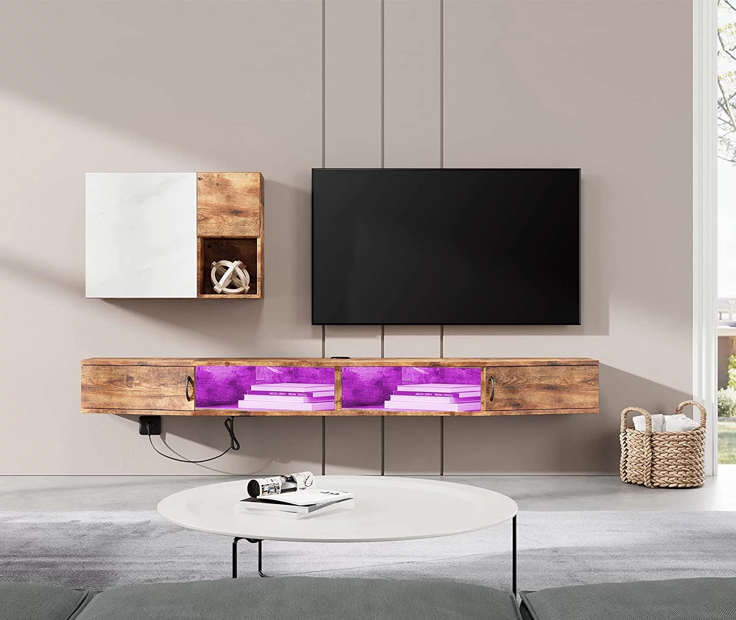 Floating TV Stand Wall Mounted Shelf with Colorful LED Lights, Wood Media Console Entertainment Center Under TV, Cabinet Hutch Desk Storage for Living Room,Rustic Brown