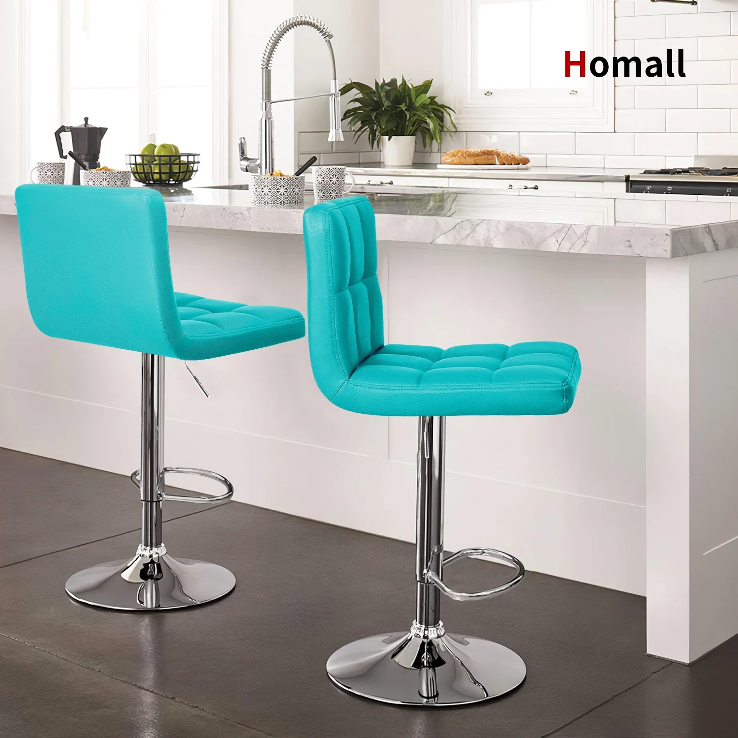 Homall Bar Stools Set Of 2 Modern PU Leather Height Adjustable Swivel Barstools, Hydraulic Kitchen Counter Square Island BarStool With Back,Blue