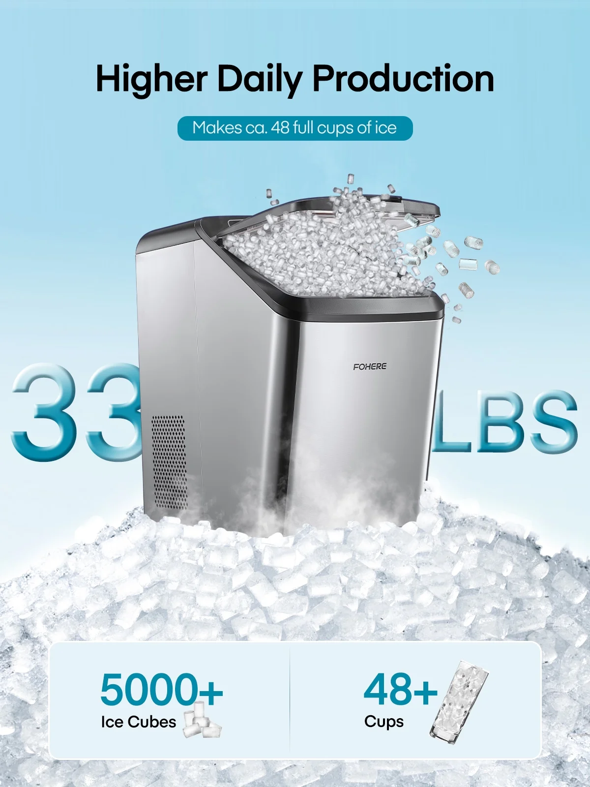 FOHERE Nugget Ice Maker Countertop, 30Lbs Pebble Pellet Ice per Day, Self-Clean, Stainless Steel, Black