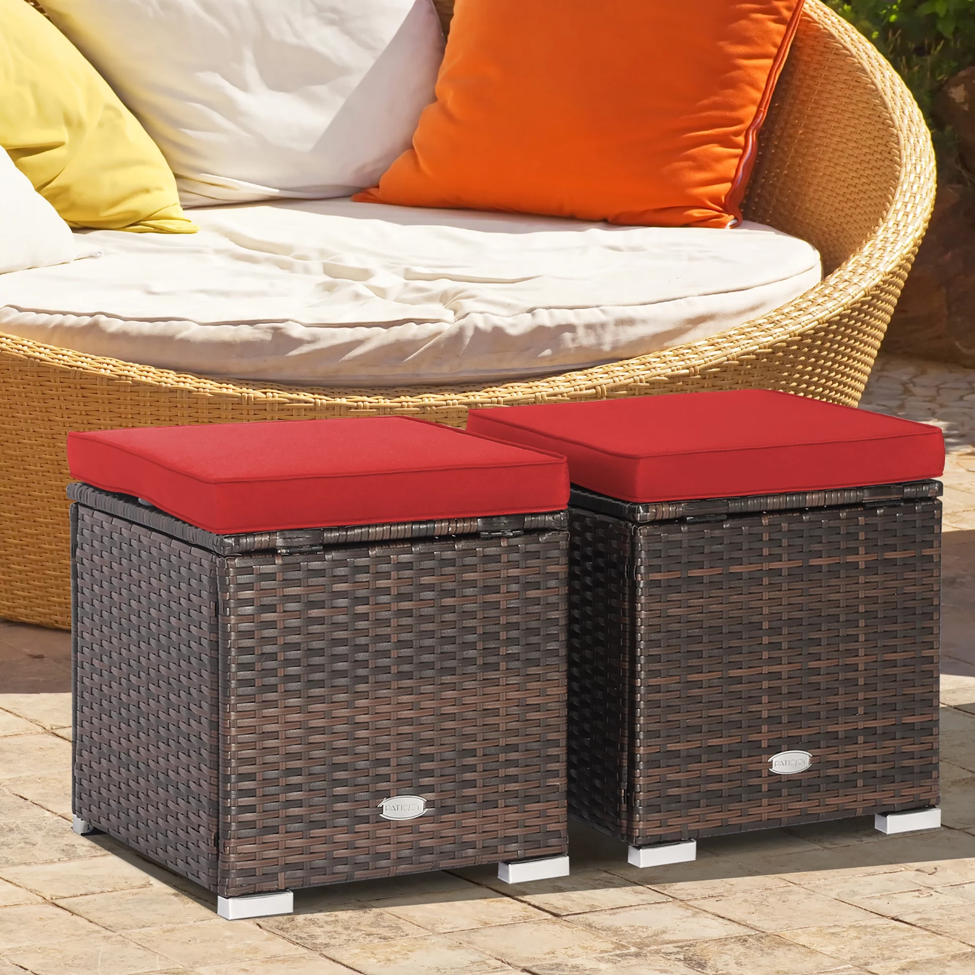 Costway 2PCS Patio Rattan Ottomans Seat Side Table Storage Box Footstool with Cushions Red