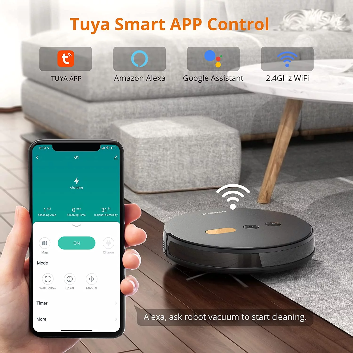 HOMEVIZ Robot Vacuum and Mop Cleaner, 8000Pa Strong Suction Robot Vacuum Cleaner with APP and Voice Control, Ideal for Hard Floors and Carpets