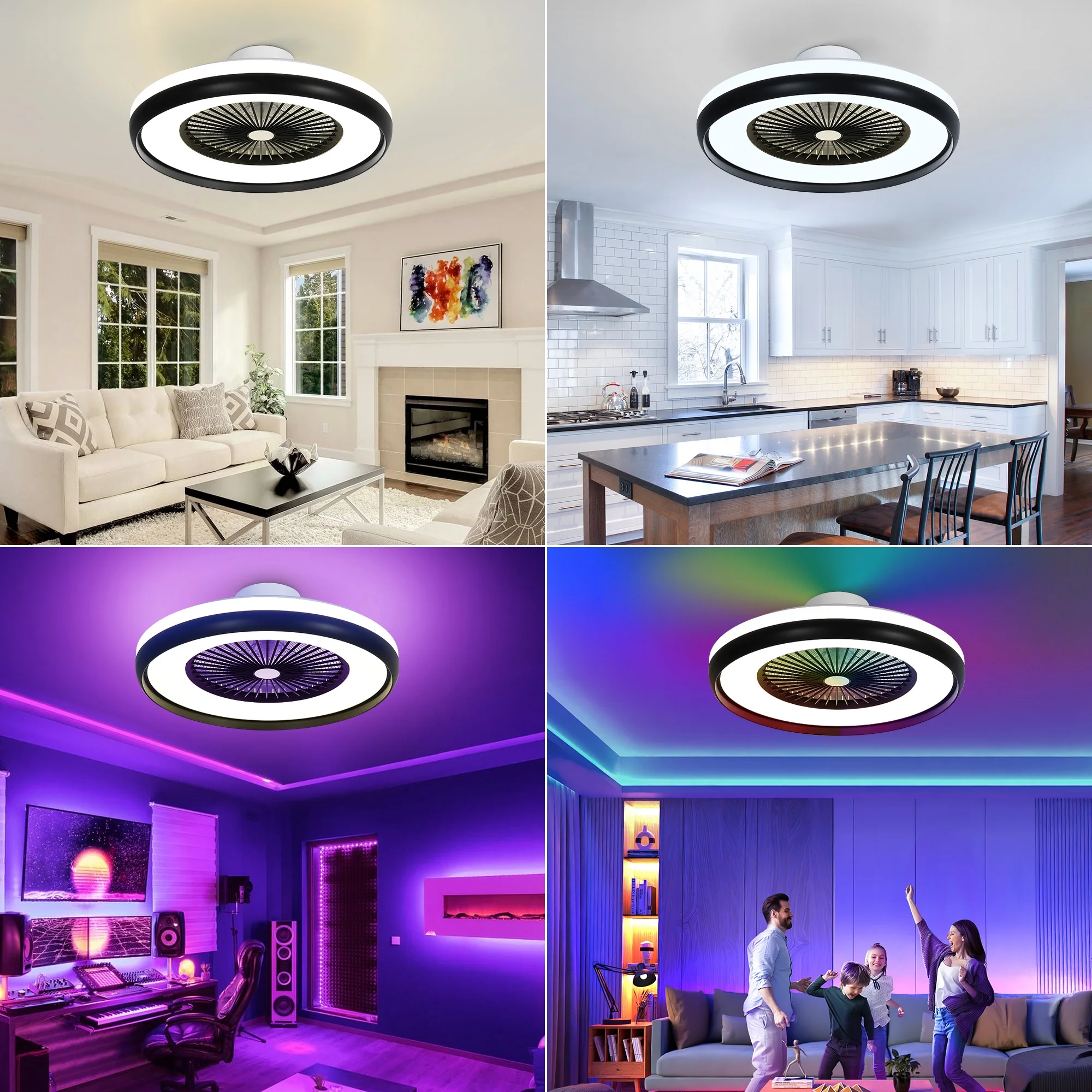 24' Ceiling Fan with Light, Flush Mount Ceiling Fan with Alexa/Google Assistant/App/Remote Control, Smart 3 Color Dimmable and LED-RGB Back Ambient Light, 6 Speeds Timing