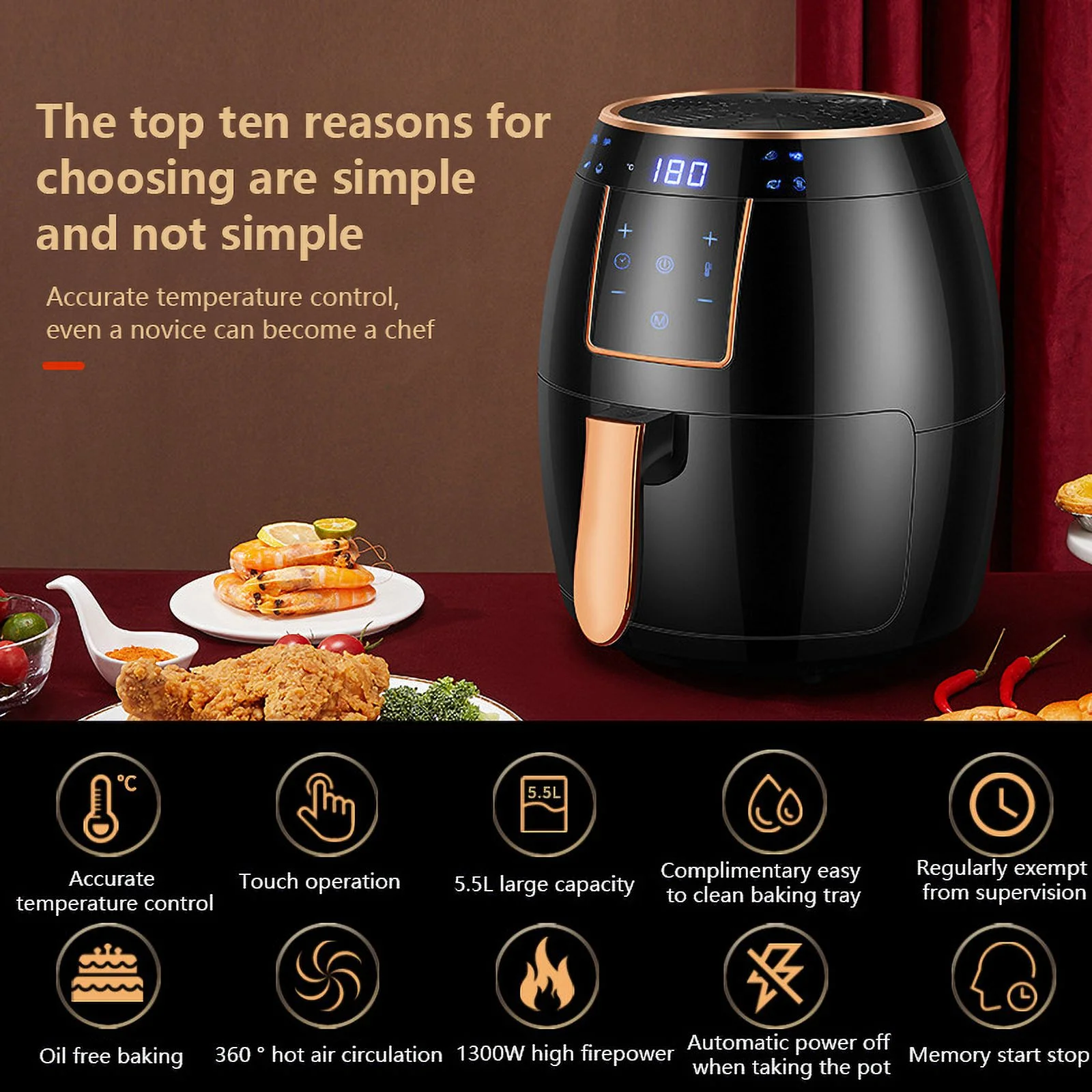 5 QT Air Fryer, Oilless Air Fryer Oven, One-Touch Screen, Digital Control Presets, Nonstick Dishwasher-Safe Basket, Automatic Shutoff, Black