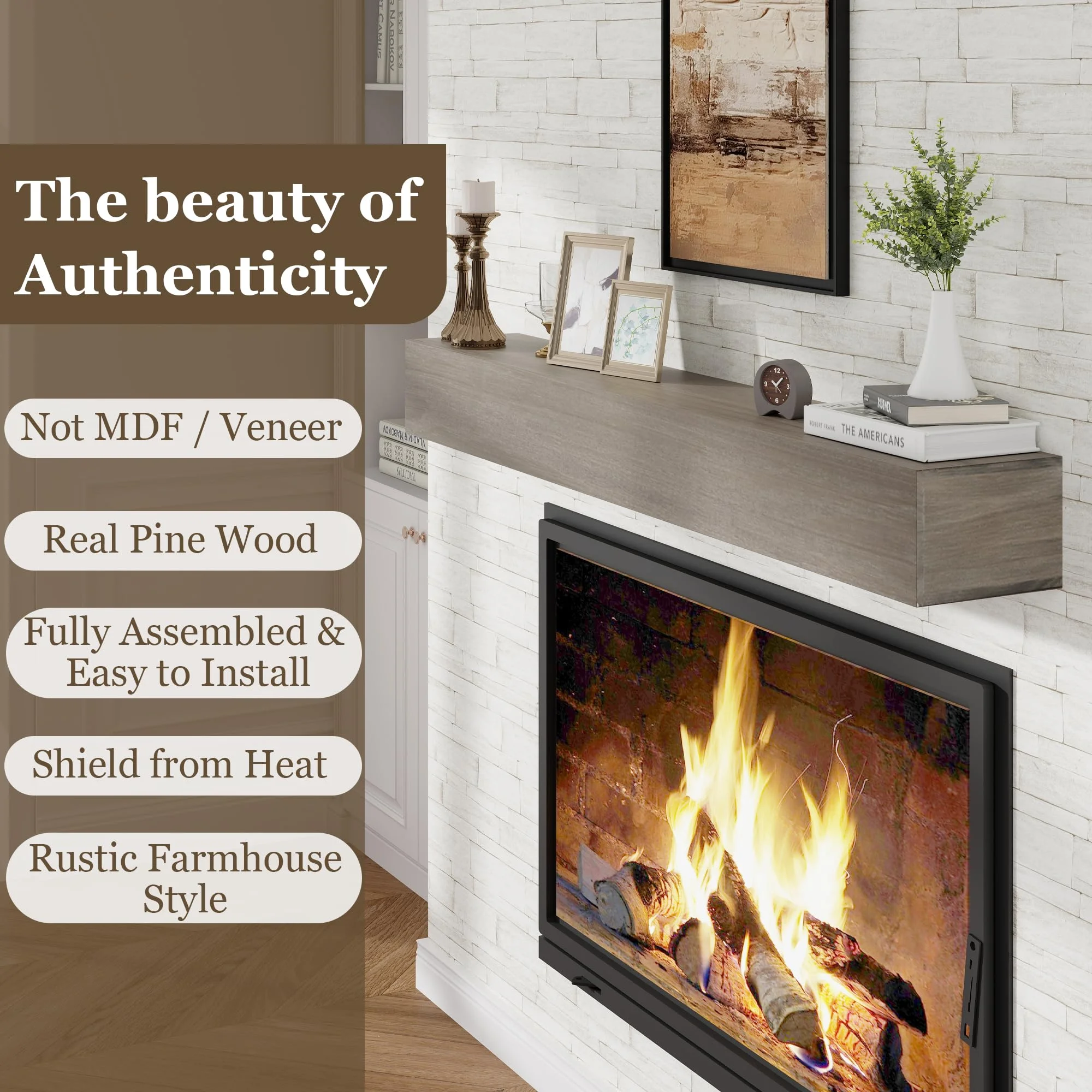 48in.Solid Wood Fireplace Mantel Wall Shelves Wall Mounted Floating Shelf 48'W x 6'H x 8'D, Ash Gray