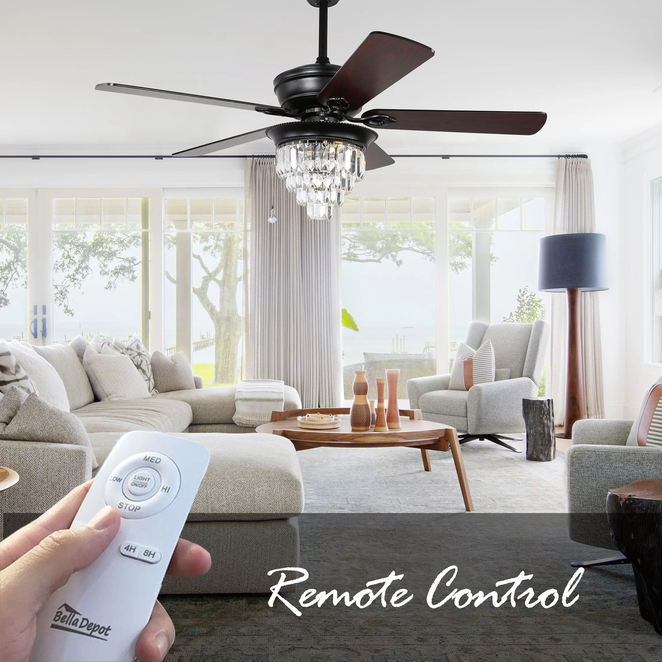 52' Black Crystal Ceiling Fan with Remote Control and Light Kit, Modern Reversible Motor Ceiling Fan with 5 Wood Blades
