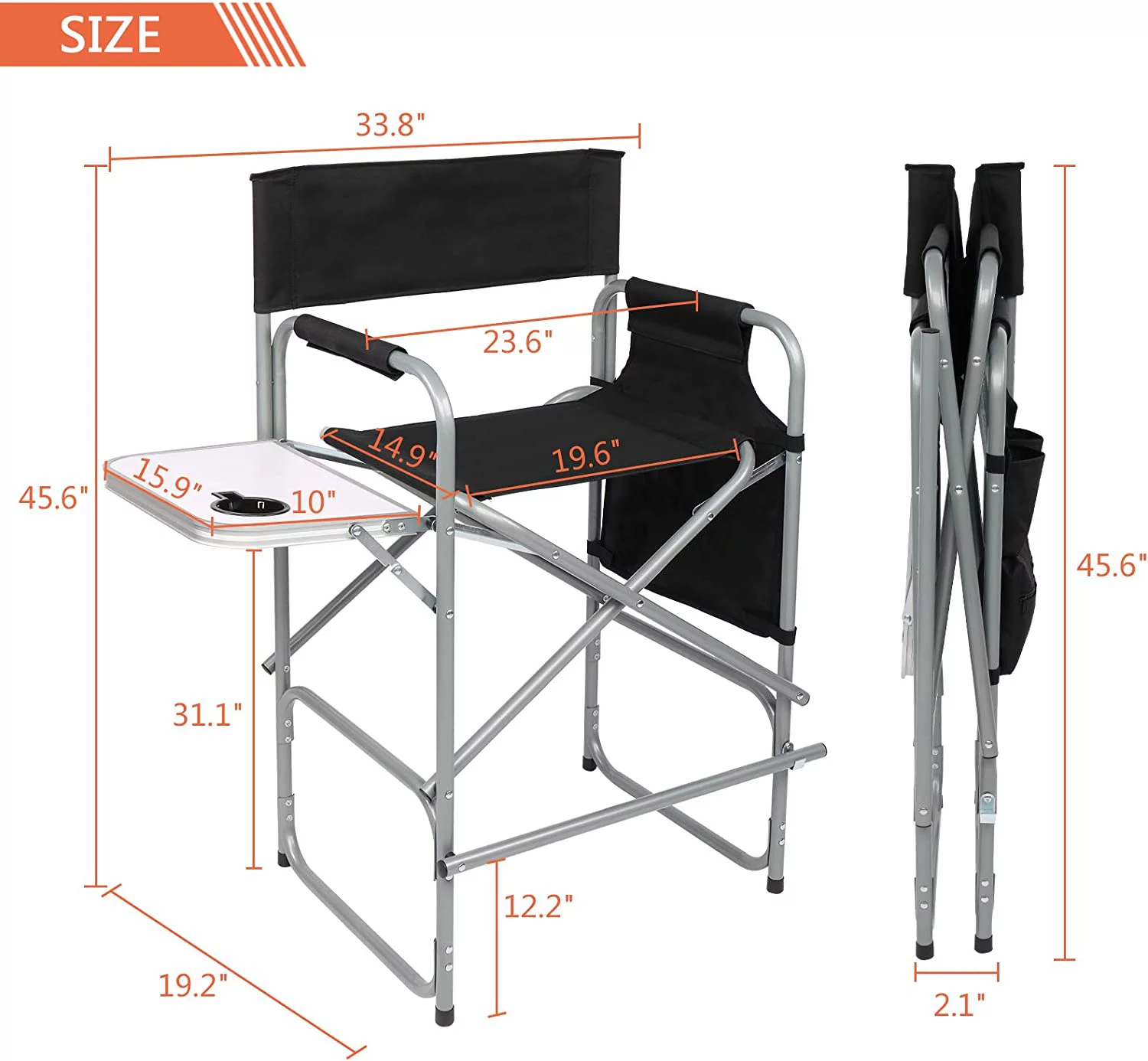BSL 26' Tall Folding Directors Chair with Side Table,Portable Makeup Artist Bar Height, Steel Frame 300 lbs Capacity, 19.2' D x 23.6' W x 40.5' H