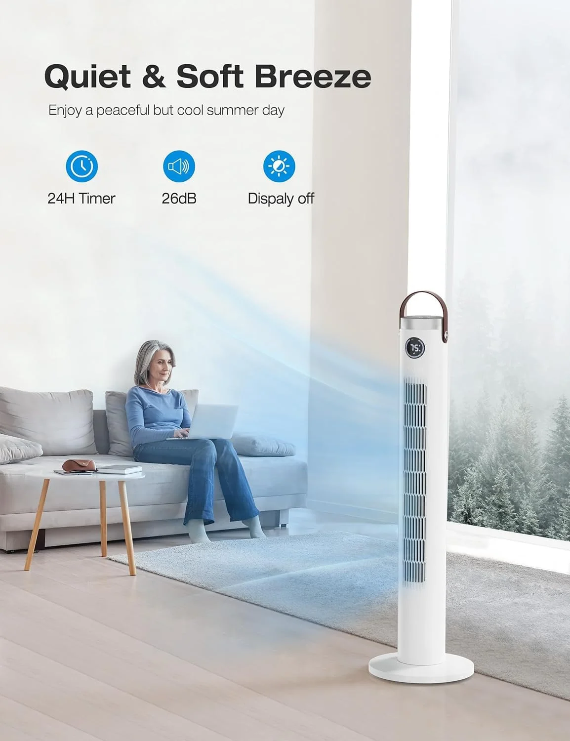 imerelez Tower Fan with Remote, G-Ocean 46 Inch Oscillating Fan, Bladeless Fans with 24H Timer, 3 Speeds, 3 Modes, LED Display, Cooling Standing Floor Fan for Bedroom Living Room Home Office, white