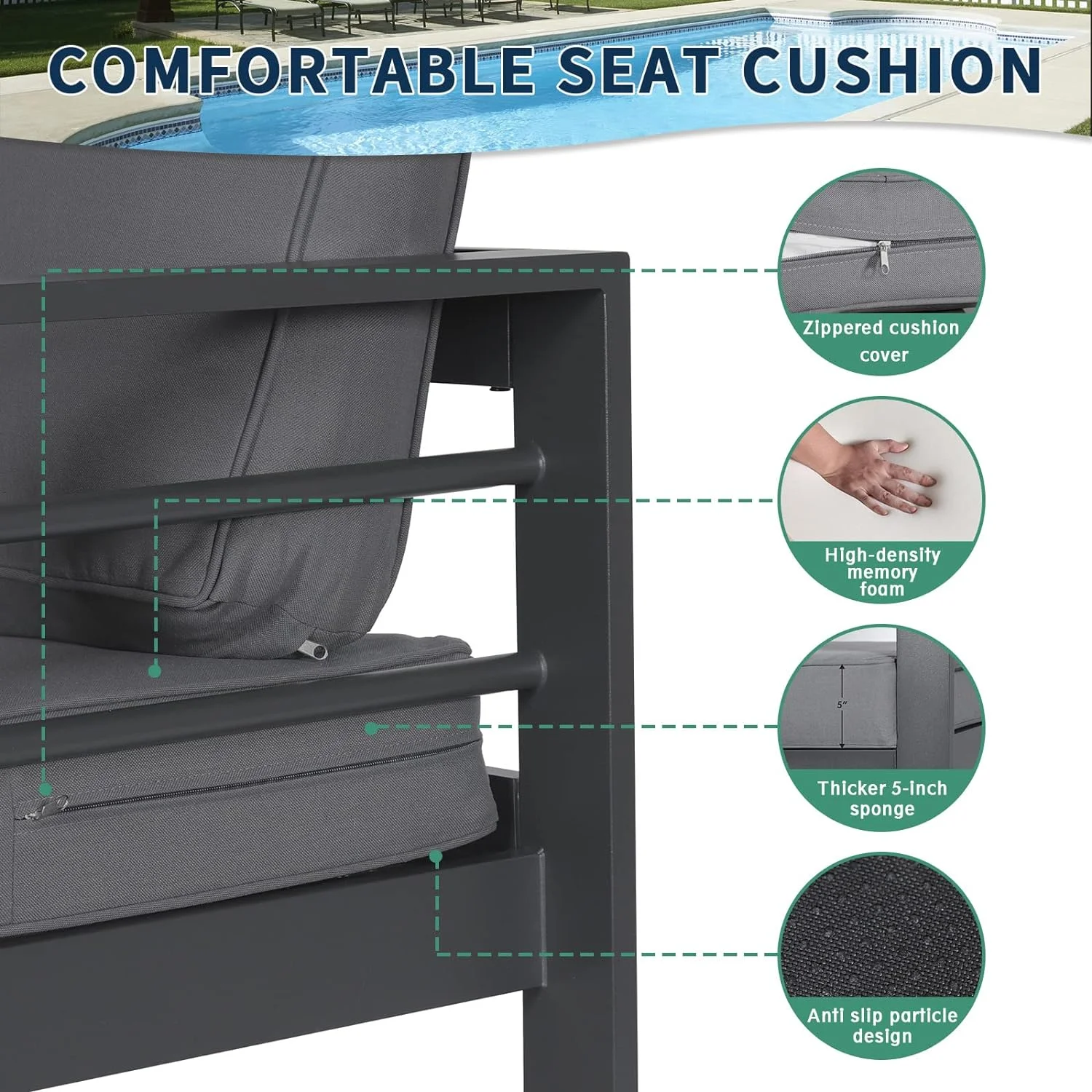 ELPOSUN Patio Furniture Metal Couch, 3-Seat All-Weather Modern Aluminum Outdoor Sofa Chair w/ 5 Inch Cushions, Dark Grey (Include Waterproof Sofa Covers)