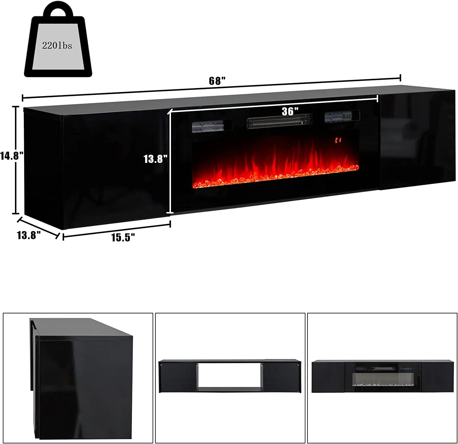 Amerlife Floating TV Stand with 36' Electric Fireplace for TVs Up to 78