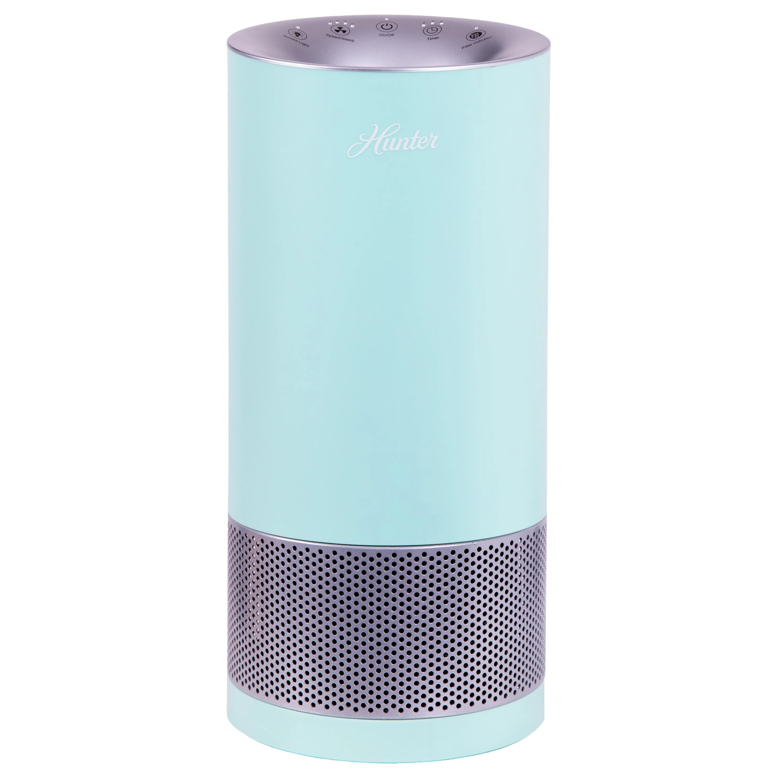 Hunter Fan Company HP400 Round Tower Air Purifier for Small Rooms, Featuring True HEPA Filtration and EcoSilver? Pre-Filter for Allergy and Asthma Relief, Aqua and Silver
