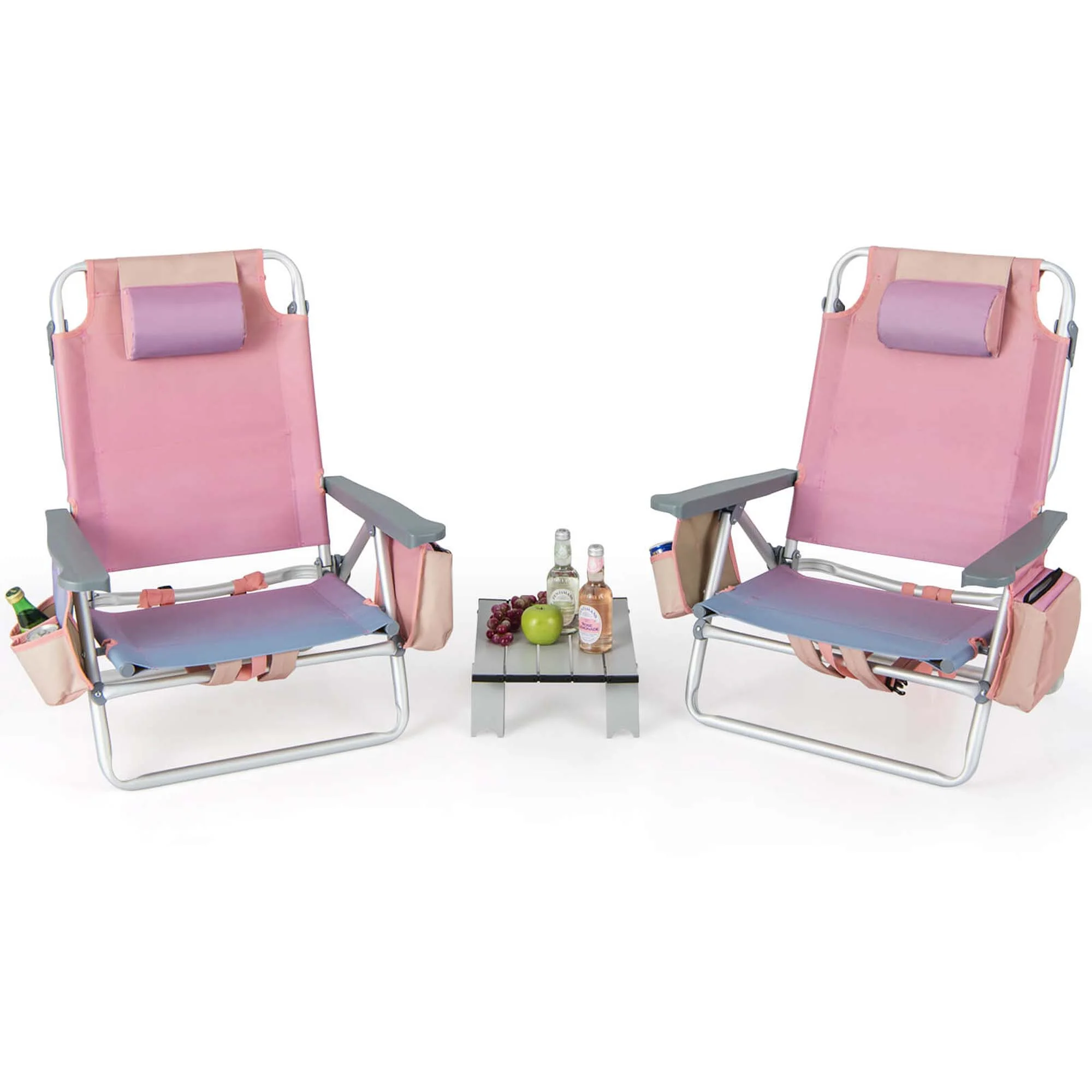 Costway 2-Pack Folding Backpack Beach Chair Table Set 5-Position Outdoor Reclining Chair Pink