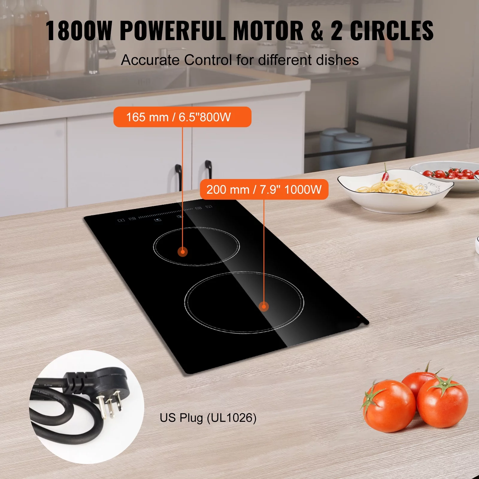 BENTISM 1800W Built-in Electric Cooktop Radiant Induction Cooktop Ceramic Cooktop 2 Burners Sensor Touch Stove 11.6''x20''