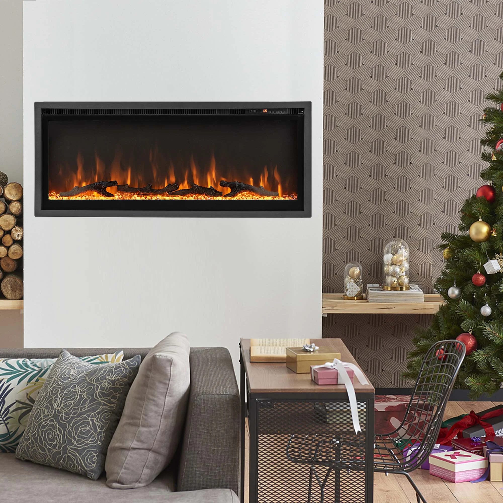Costway 42'' Electric Fireplace Recessed Wall Mounted Freestanding with Remote Control