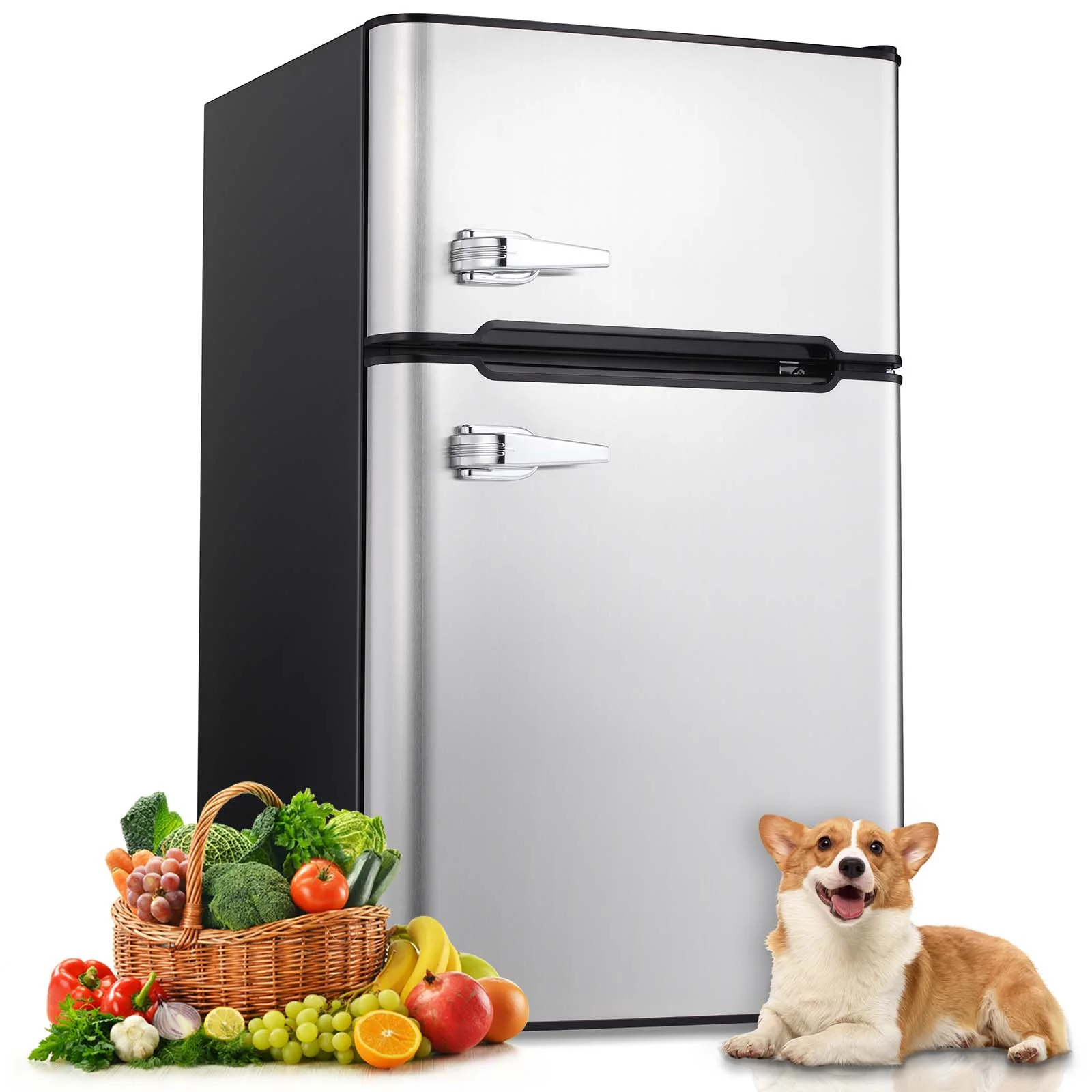 KISSAIR 3.2 Cu.Ft Mini Vintage Refrigerator, Vertical Compact Refrigerator, Adjustable Temperature, 2-door Mini Refrigerator for Home, Office, Dormitory, or RV, Apartment Food Storage Room or Beverage