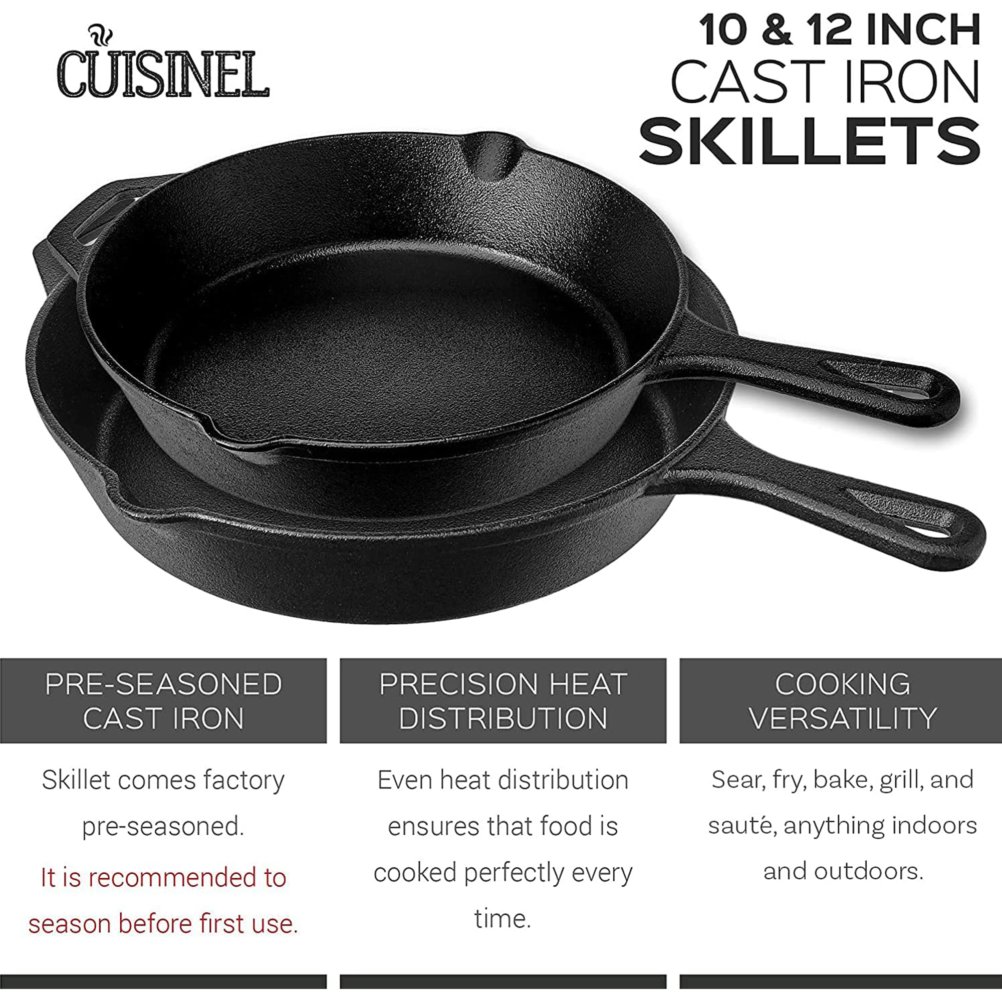 Cuisinel Cast Iron Skillet Set of 2 Kitchen Cookware Pre-Seasoned 10�� and 12'
