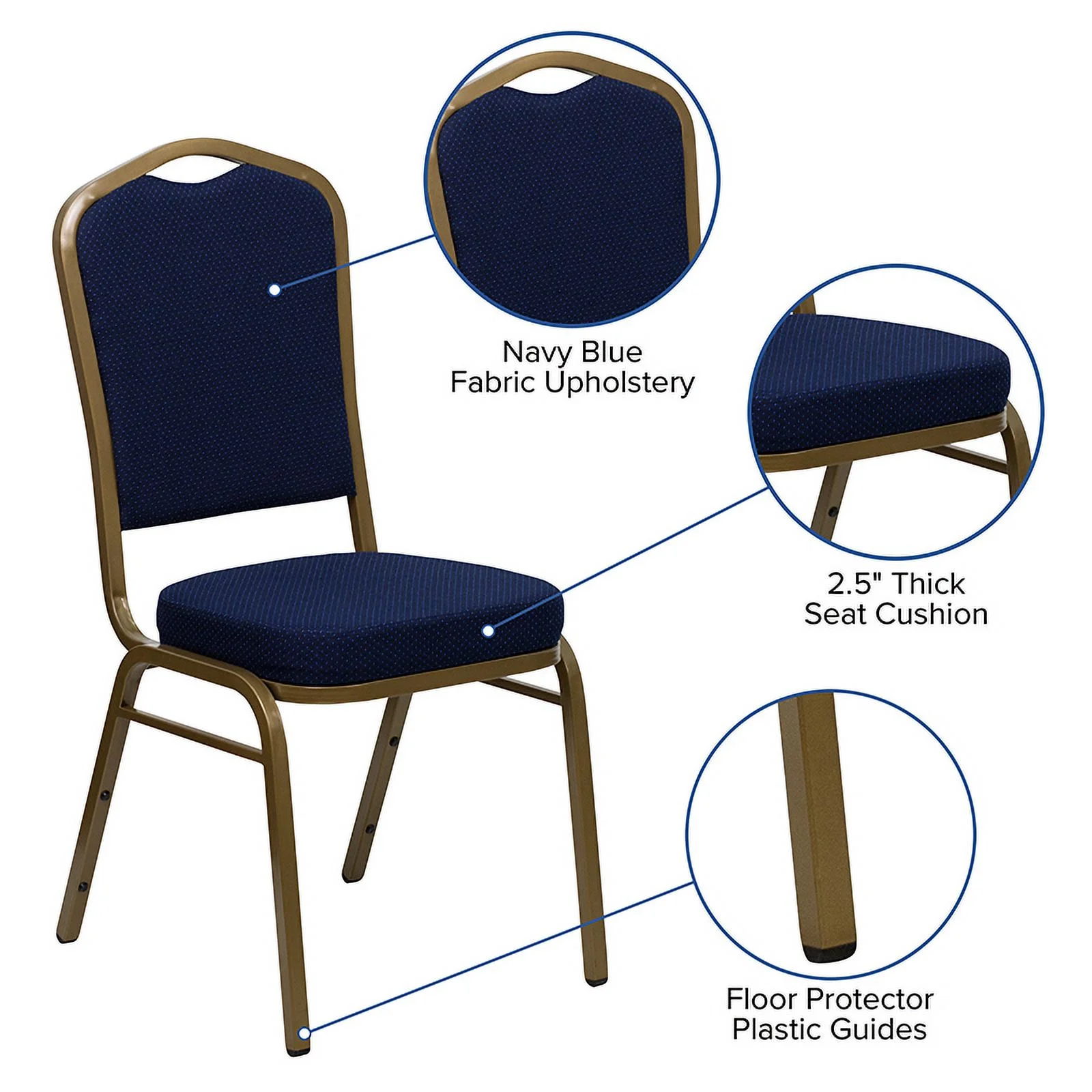 Flash Furniture HERCULES Series Crown Back Stacking Banquet Chair in Navy Blue Patterned Fabric - Gold Frame