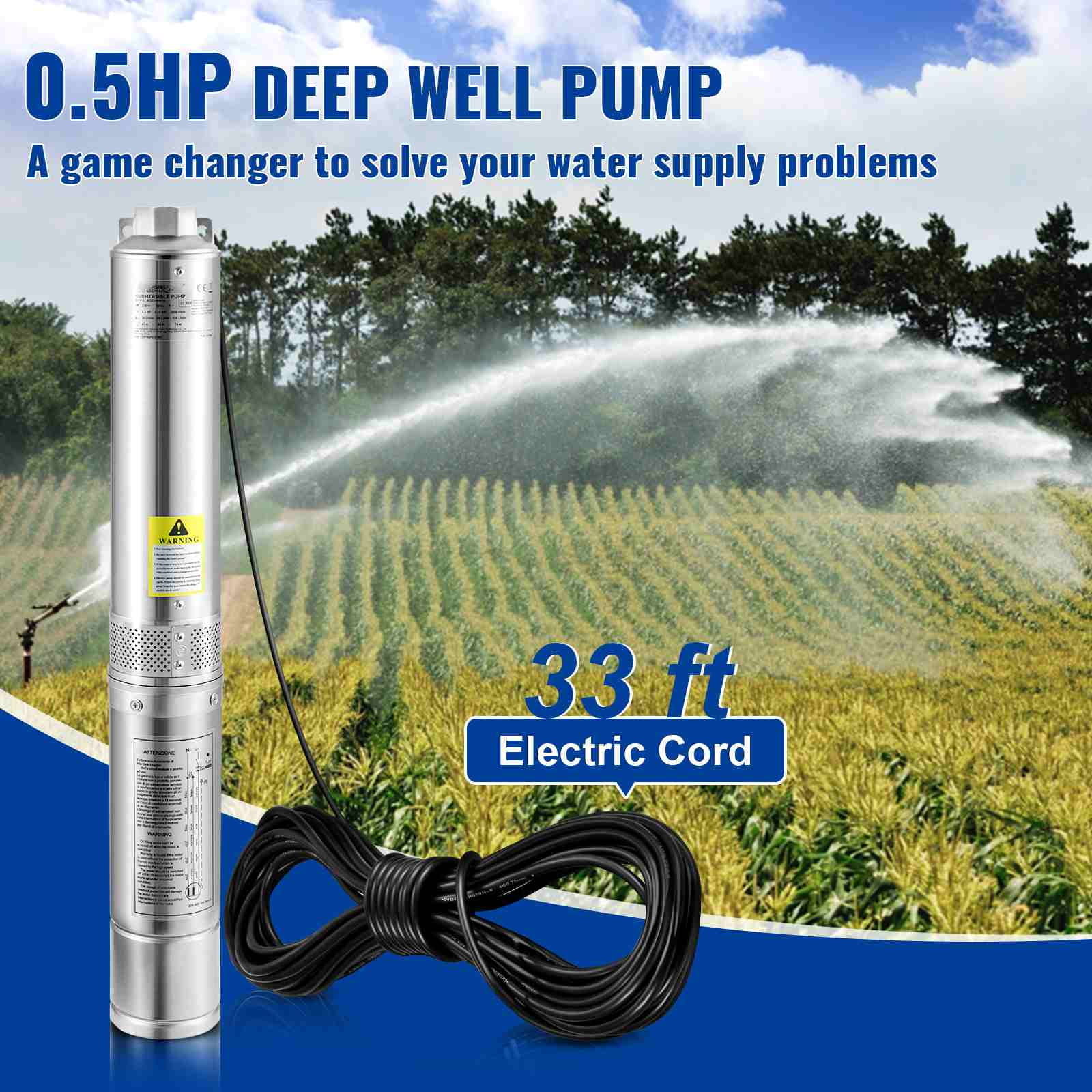 BENTISMDeep Well Submersible Pump, 0.5HP/370W 230V/60Hz, 28GPM 167 ft Head, with 33 ft Electric Cord, 4 inch Stainless Steel Water Pumps for Industrial, Irrigation and Home Use, IP68 Waterproof Grade