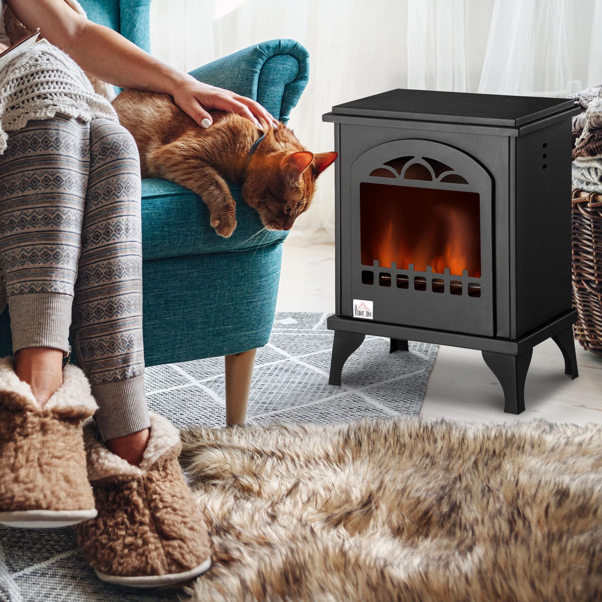 HOMCOM Ethanol Fireplace, 9.75' Freestanding Stove Heater 0.32 Gal Max 470 Sq. Ft., Burns up to 3 Hours, Black