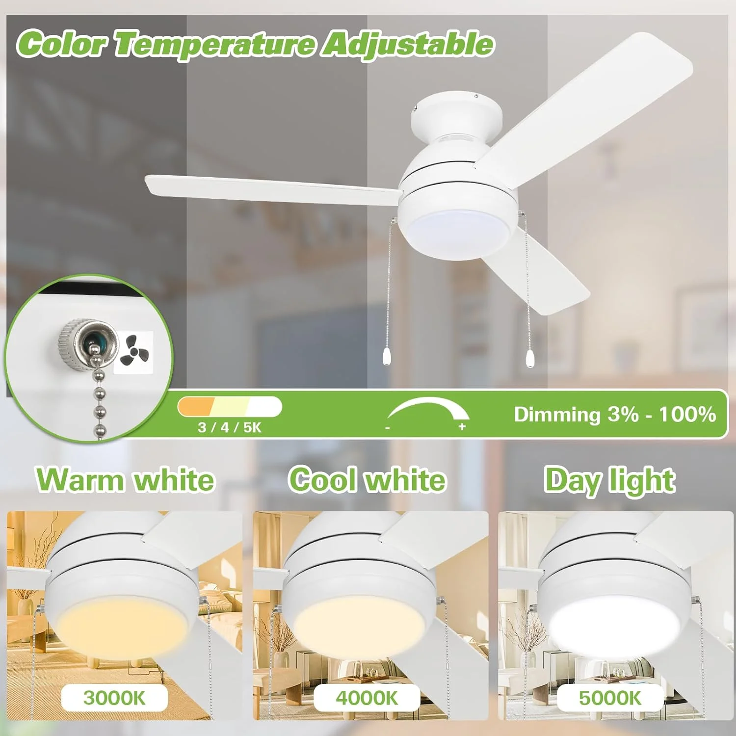 hykolity 44 inch Flush Mount Ceiling Fan with LED Lights(3000K/4000K/6000K) Pull Chain, Noiseless Reversible Motor, Low Profile Ceiling Fan, 3 Speed, ETL Listed, White