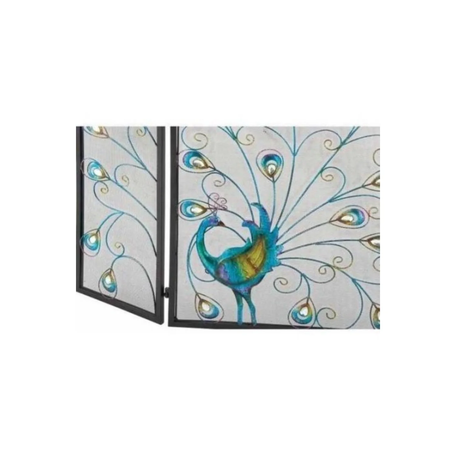Benzara Peacock Themed Metal 3 Panel Fireplace Screen, Multicolor