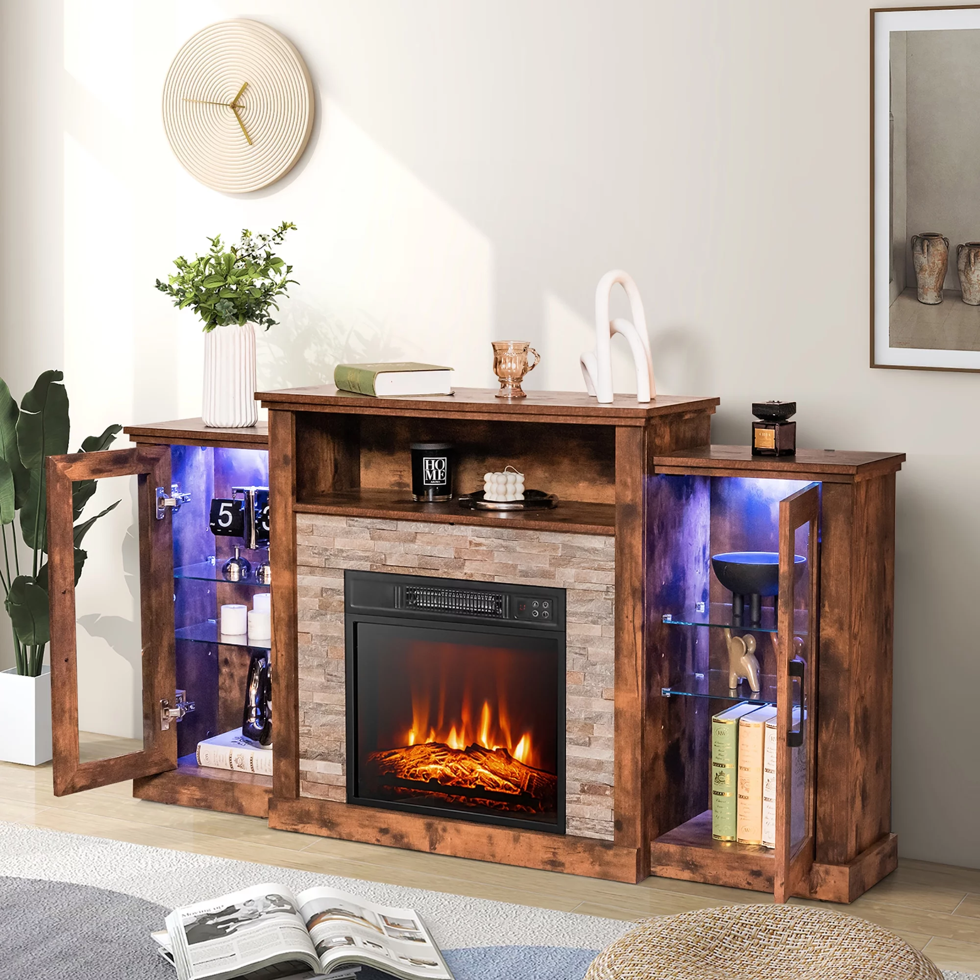 Costway Fireplace TV Stand w/ Led Lights & 18' Electric Fireplace for For 65' Wall-Mounted TV