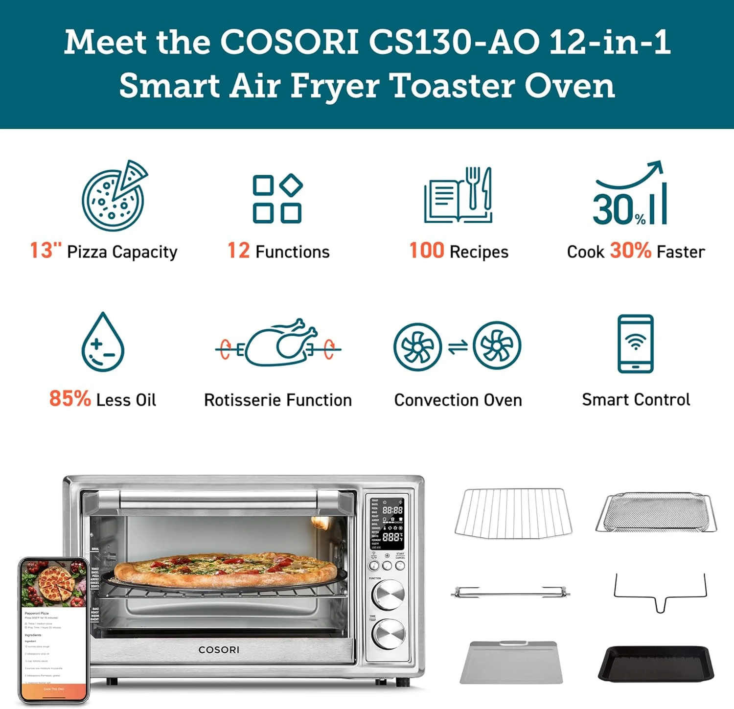 COSORI Smart 12-in-1 Air Fryer Toaster Oven Combo Convection Rotisserie & Dehydrator for Chicken, Pizza and Cookies, Recipe&Accessories Included, 30L, Silver A Certified for Humans Device Silver-Stainless Steel