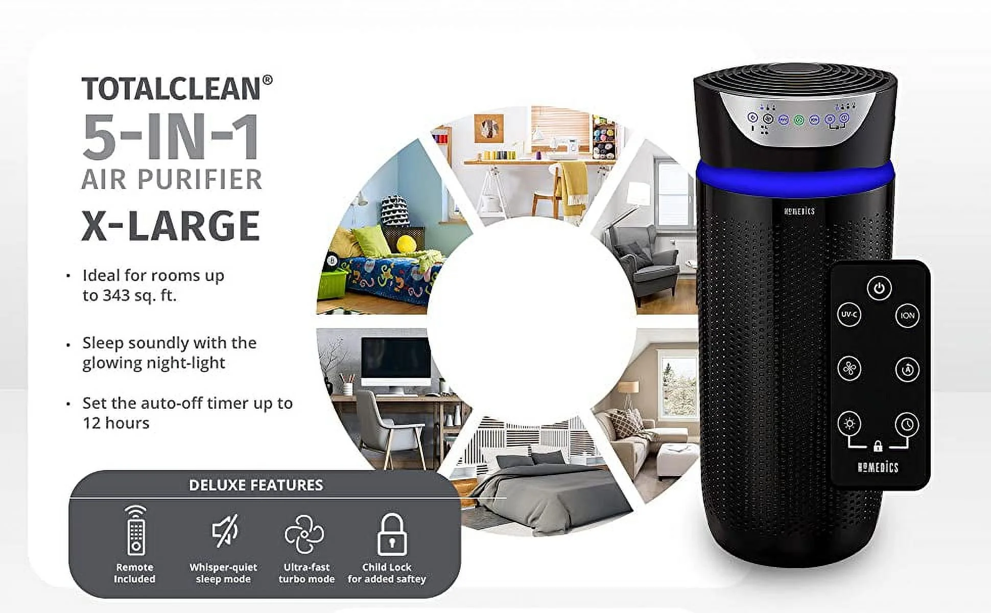 Homedics Total Clean Deluxe Tower Air Purifier , HEPA Air Purifier, UV-C 5-in-1 Extra-Large Room Air Purifier for Viruses, Bacteria, Allergens, Dust, Germs,(Black) T45