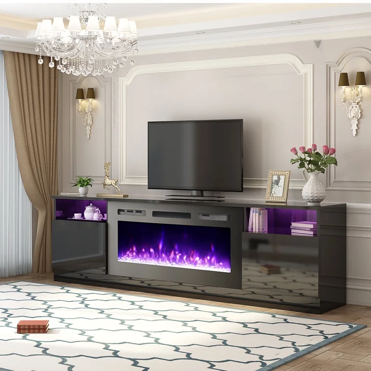 Hommow 70'' Fireplace TV Stand with 36'' Electric Fireplace, Entertainment Center with 16 Color Led Lights, TV Console for TVs up to 80'' for Living Room, Black