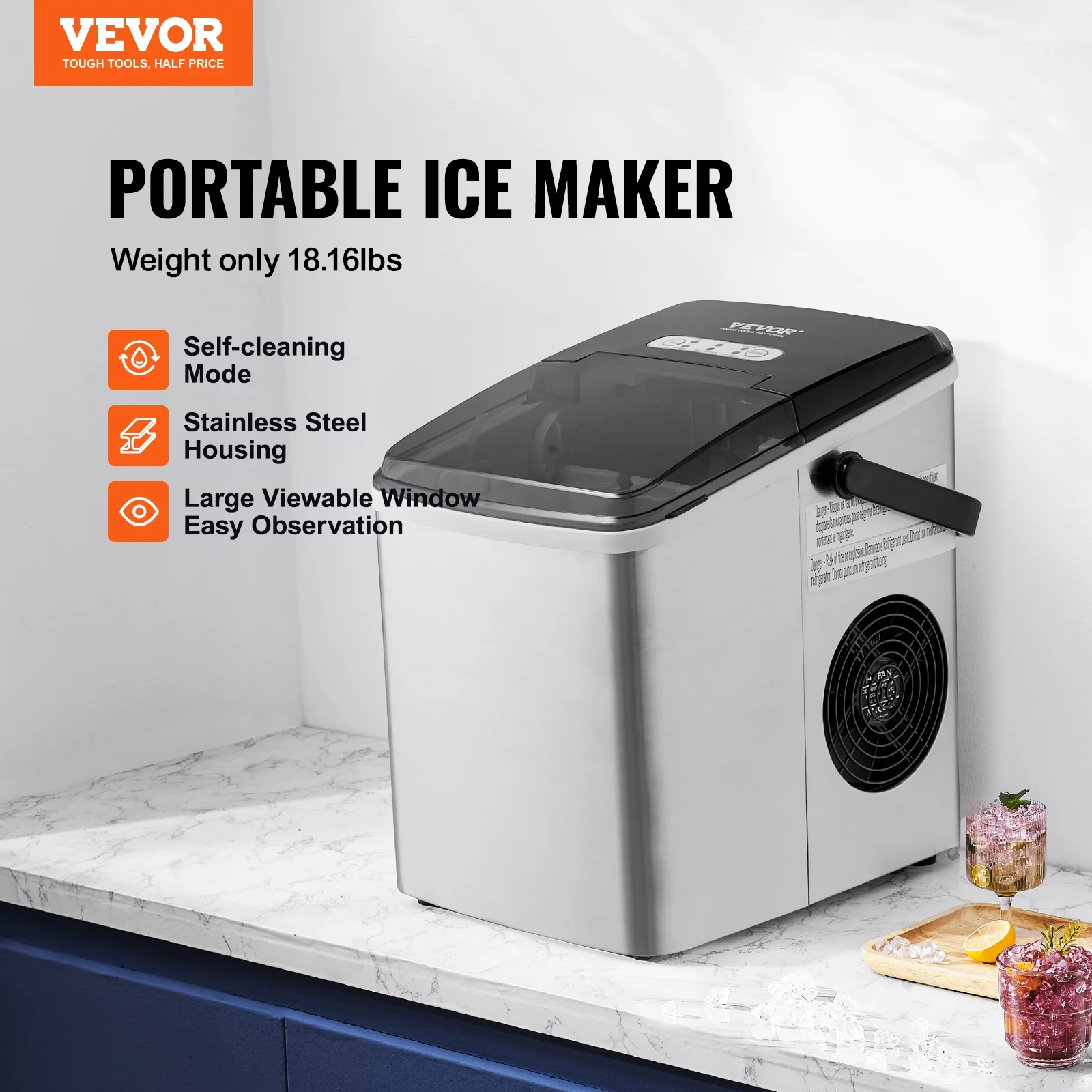 BENTISM Portable Countertop Clear Ice Maker Machine, Stainless Steel 26lbs/24hrs Portable Countertop Bullet Cubed Ice Maker