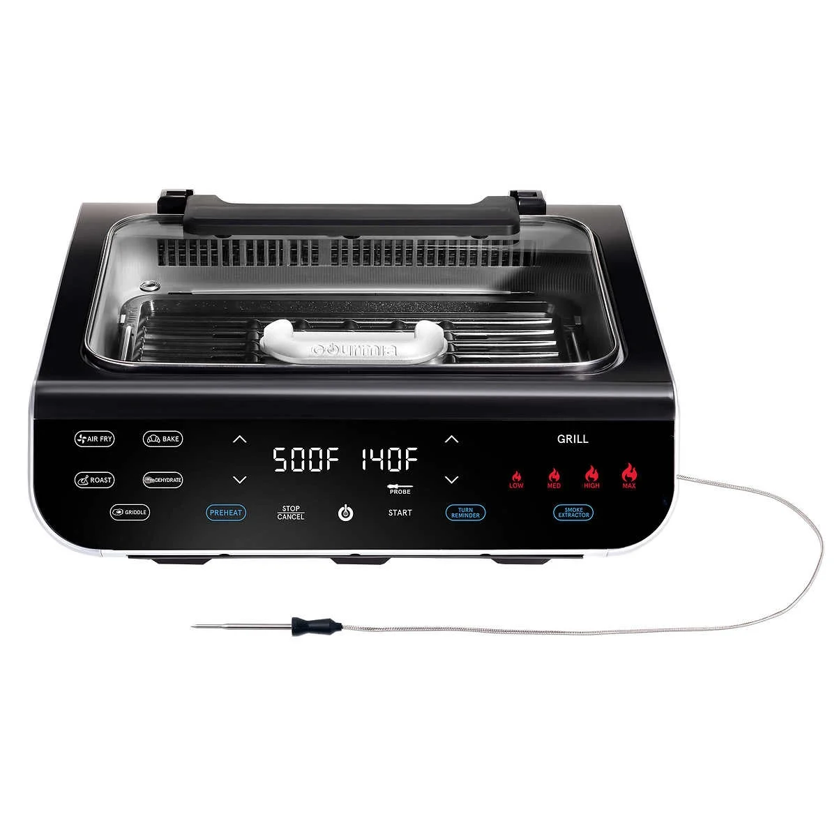 Gourmia FoodStation Smokeless Grill, Griddle, & Air Fryer with Integrated Probe