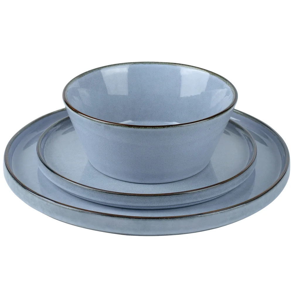 Famiware Annecy Plates and Bowls Sets, Stoneware Dinnerware Set for 4, 12 Pieces Dish Set, Reactive Blue