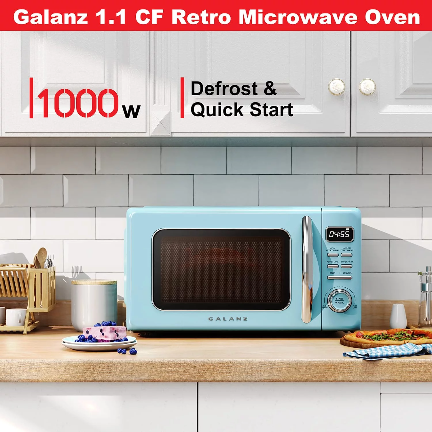 Galanz Retro Countertop Microwave Oven with Auto Cook & Reheat, Defrost, Quick Start Functions, Easy Clean with Glass Turntable, Pull Handle, 1.1 cu ft, Blue