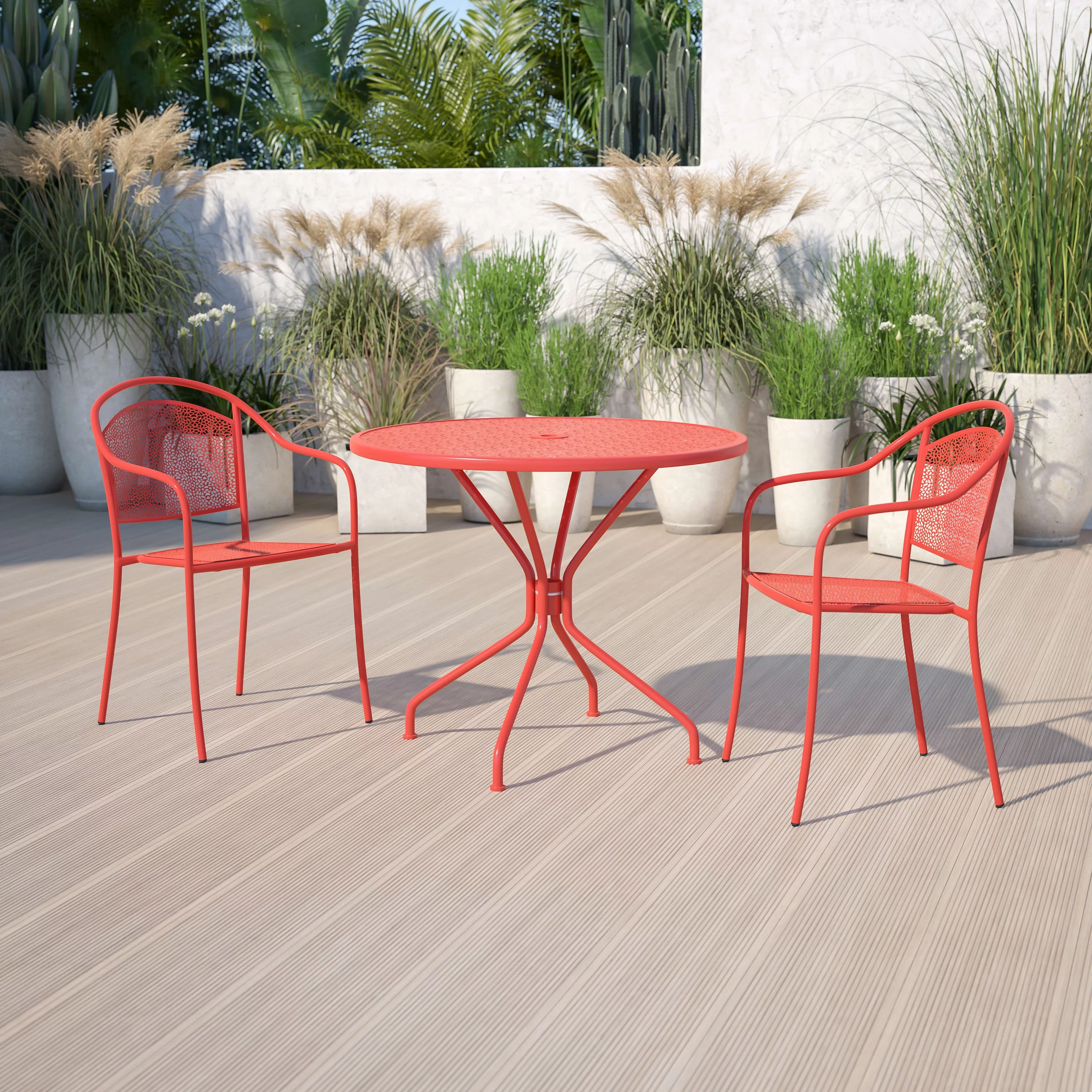Flash Furniture Oia Commercial Grade 35.25' Round Coral Indoor-Outdoor Steel Patio Table with Umbrella Hole