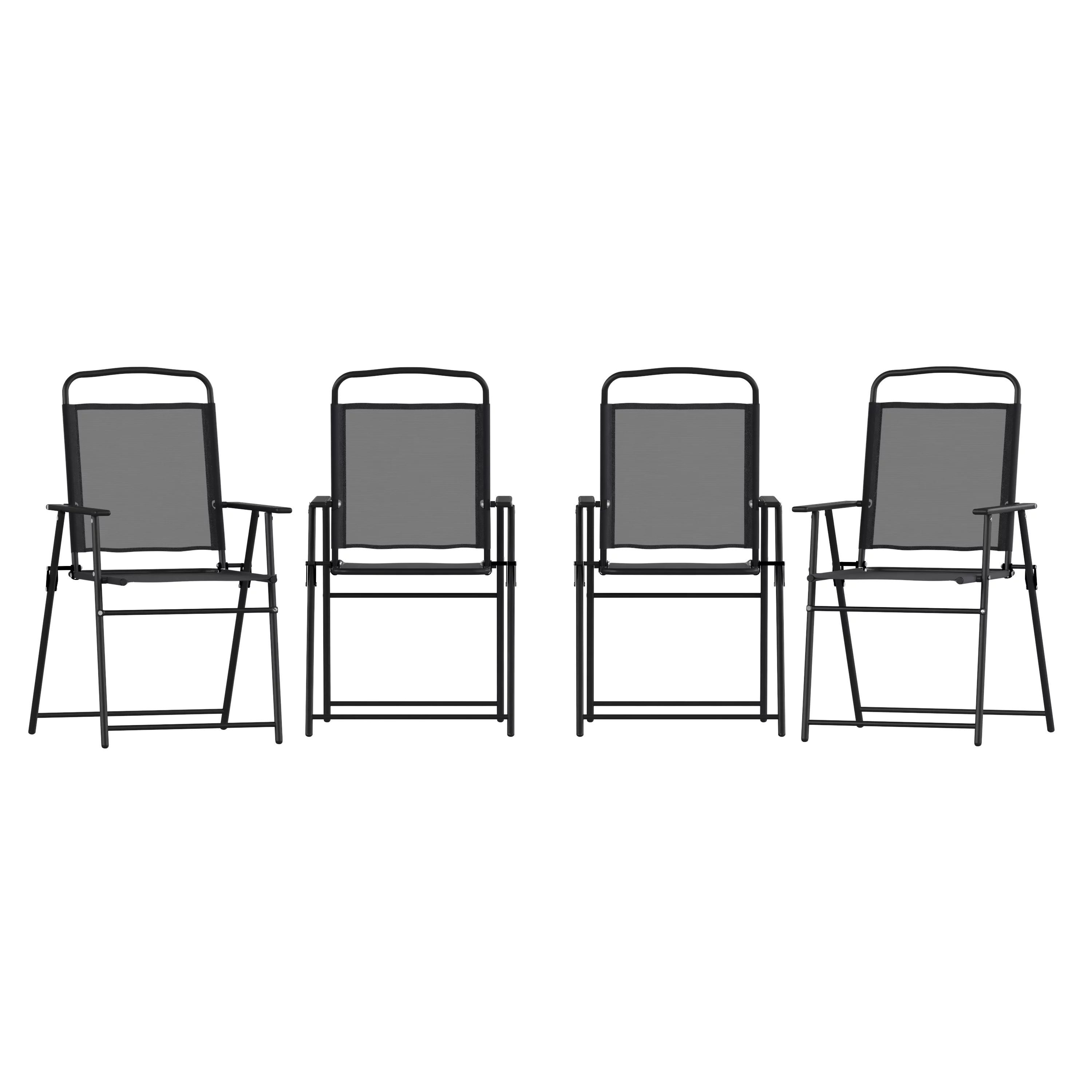 BizChair Set of 4 Folding Patio Sling Chairs, Outdoor Textilene Lawn Chairs with Armrests in Black