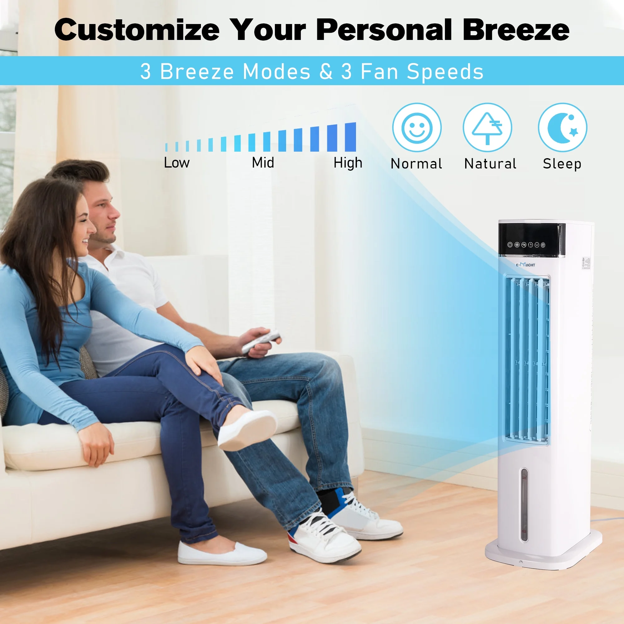 3-in-1 Evaporative Tower Fan Portable Air Cooler Conditioners 3 Speeds & 3 Modes, 80�� Oscillation, 1-12H Timer Bladeless Tower Fan for Room, Office with Remote Control, 3L Water Tank, 2 Ice Packs