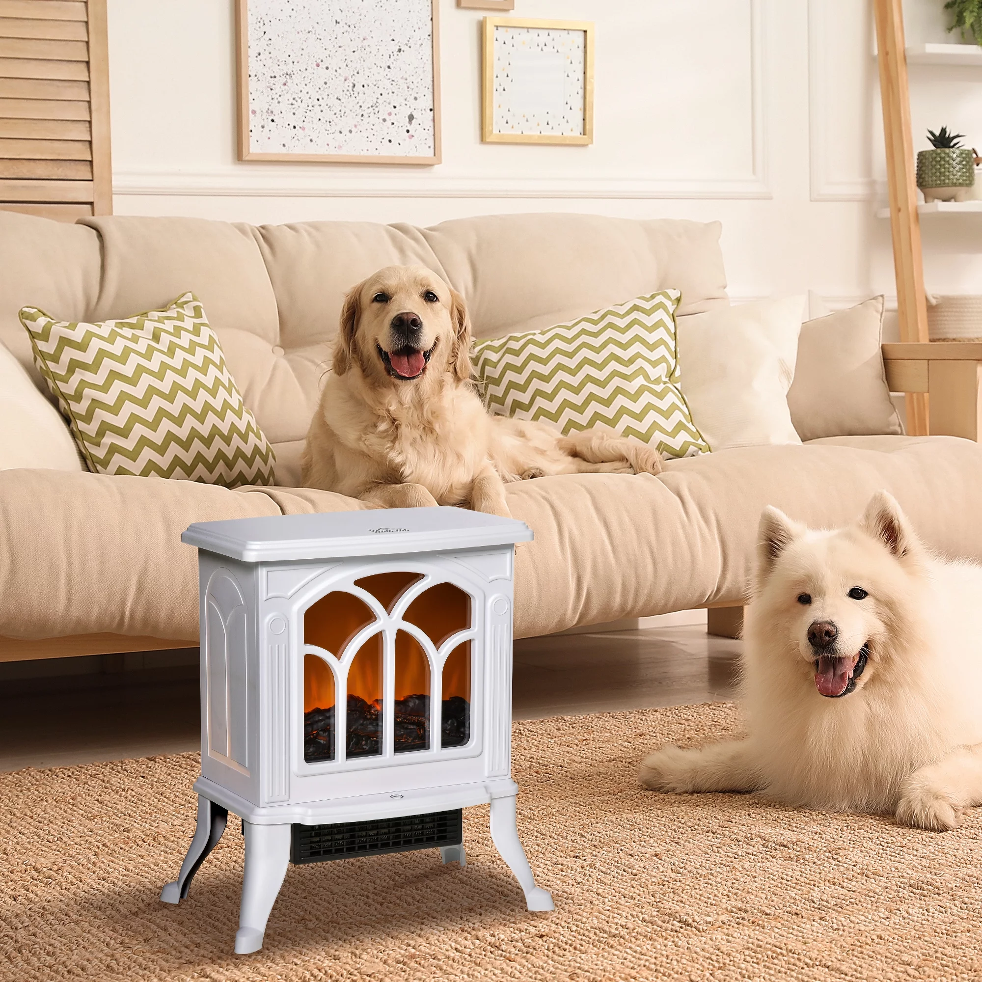 HomCom 17.25 in x 14.75 in Freestanding Electric Fireplace, 750W, 1500W, White, 8.36 lb