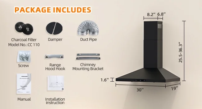 FIREGAS Range Hood 30 Inch, Stainless Steel Wall Mount Kitchen Hood 600 CFM with 3 Speed Exhaust Fan, Ducted/Ductless Convertible, Touch Control Switch Panel