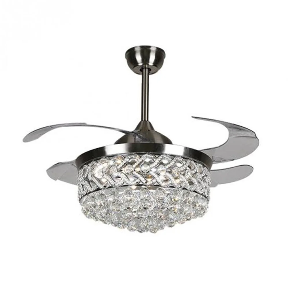 FINE MAKER 42' Crystal Fandeliers Remote Invisible Chandelier with Fan 3 Light Change 3 Speed LED Ceiling Fan with Lights for Bedroom Dining Living Room Chrome Finish