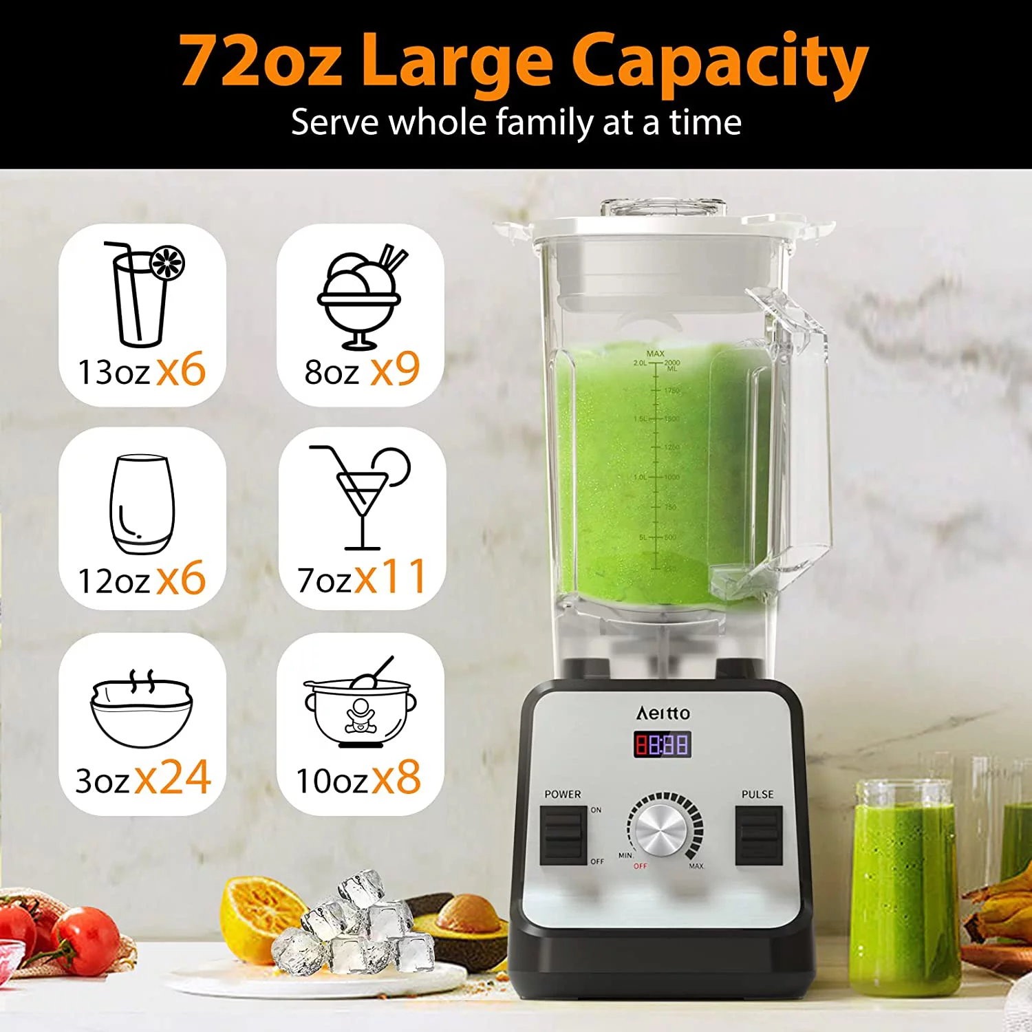 Aeitto Blenders for Kitchen, Blender for Shakes and Smoothies with 1500-Watt Motor, 72 Oz Large Capacity, Countertop Professional Blenders for Ice Crush, Frozen Drinks