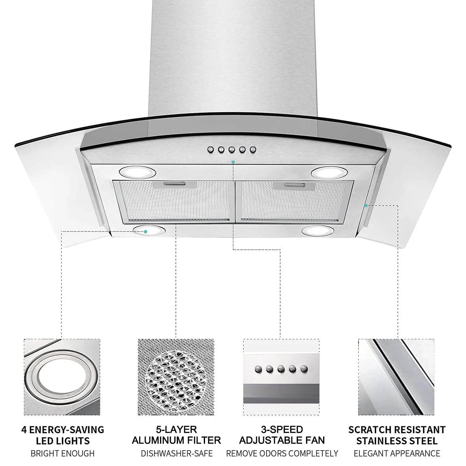 30 inch Island Mount Range Hood 900CFM Tempered Glass 3-Speed Vent Hood Stainless Steel Dishwasher