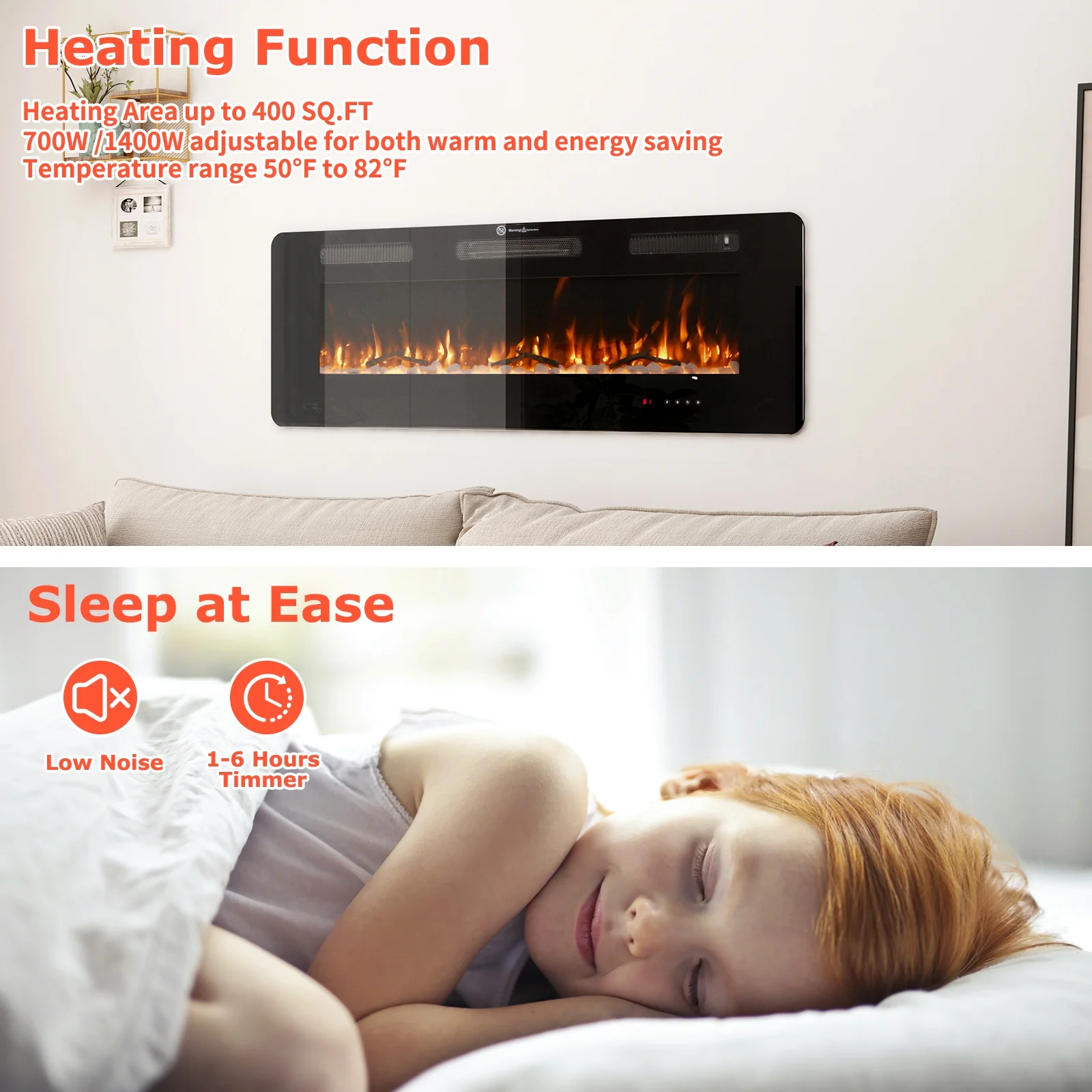 60' Insert Wall Mounted Electric Fireplace Mantel Features a Touch Screen, Timer, Adjustable Flame Color, 700W / 1400W