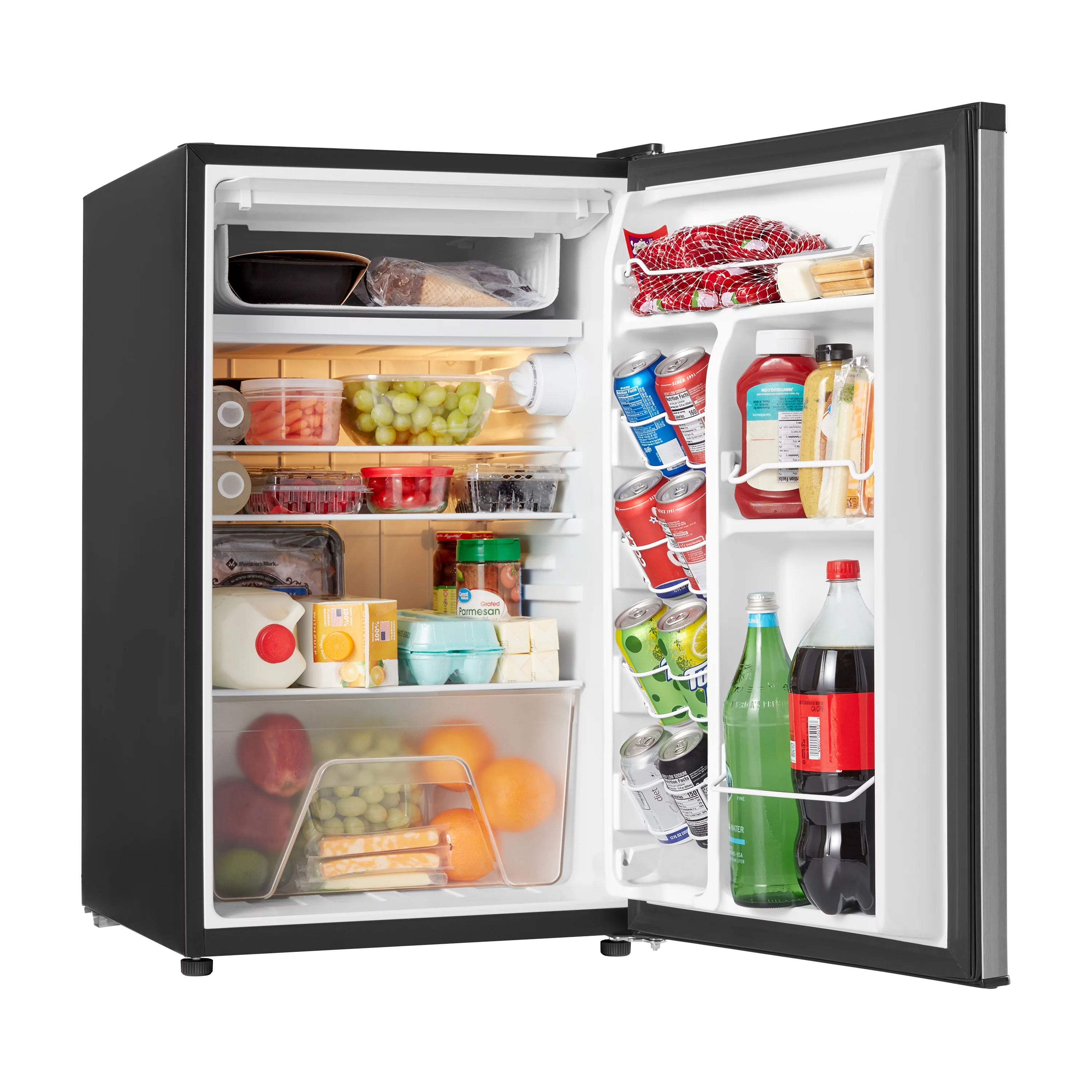 Galanz 4.3 Cu ft Single Door Mini Fridge, Stainless Steel Look, New, Width 19.12'