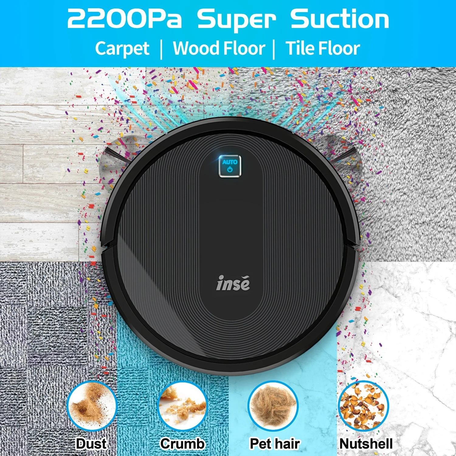INSE Robot Vacuum Cleaner with Remote Control, 2200Pa Self-charging Powerful Robotic Vacuum for Pet Hair Household Cleaning Dust Carpets Hard Floors, Anti-collision Anti-fall E6