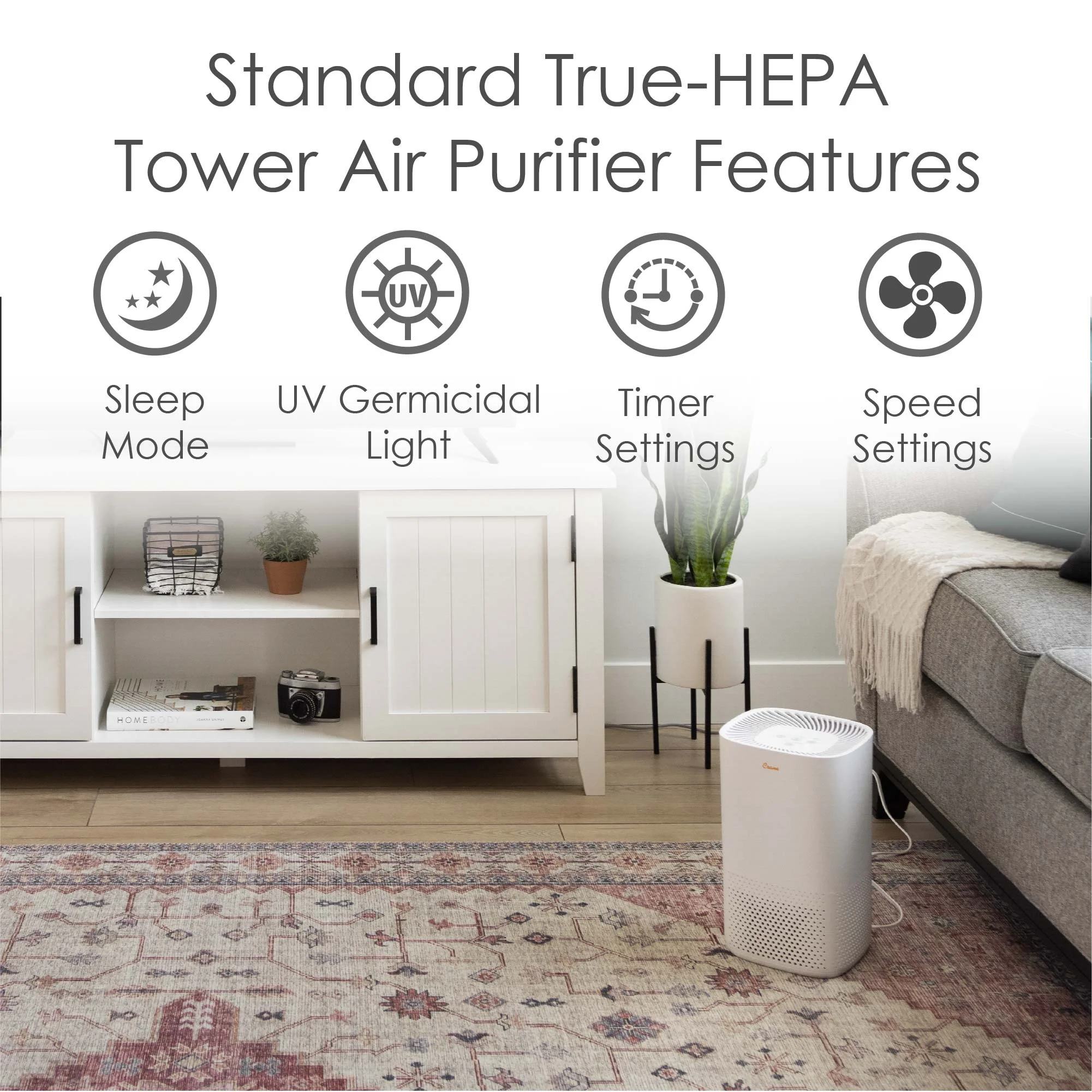 Crane True HEPA Air Purifier with UV Light, 250 Sq Feet Coverage, Multiple Functions, White