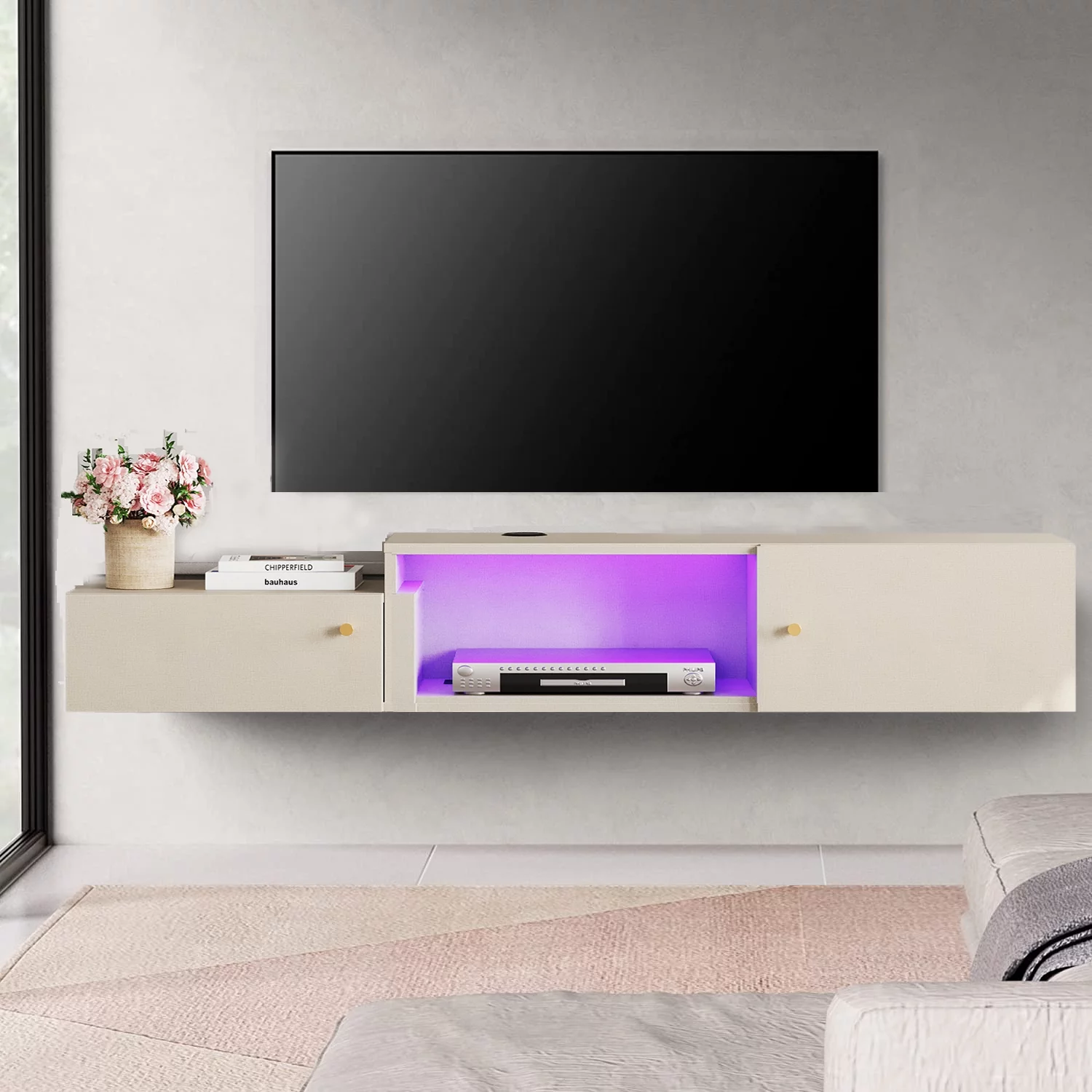 Floating Entertainment Center with Charging Station, Wall Mounted TV Stand with 16 Lights, Media Console Center with Storage, Modern Shelf Hanging Hutch Component Under TV,70''