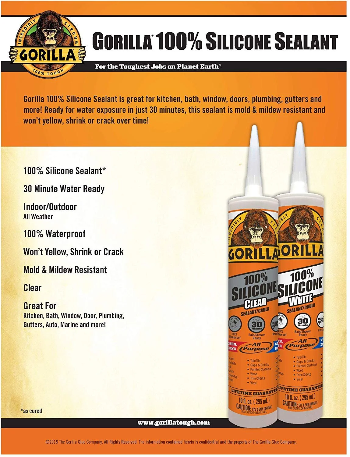 Gorilla White 100 Percent Silicone Sealant Caulk, Waterproof and Mold & Mildew Resistant, 10 ounce Cartridge, White, Pack of 6