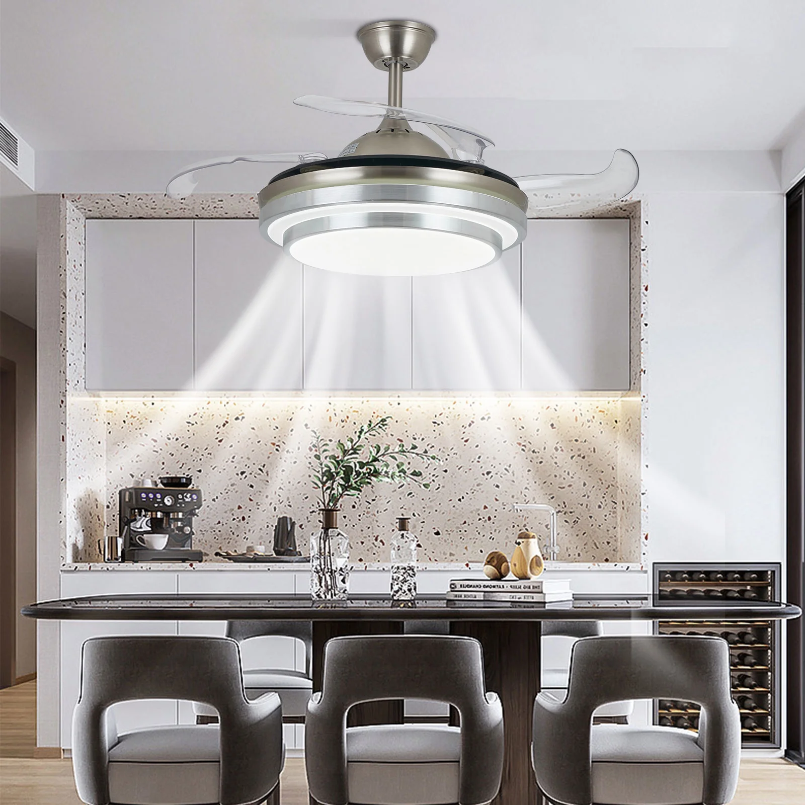 Anqidi 36' Dimmable LED Ceiling Fan Light 4 Retractable Blades Silver Pendant Fan Lamp 3-Color 3-Speed Remote Chandelier 110V
